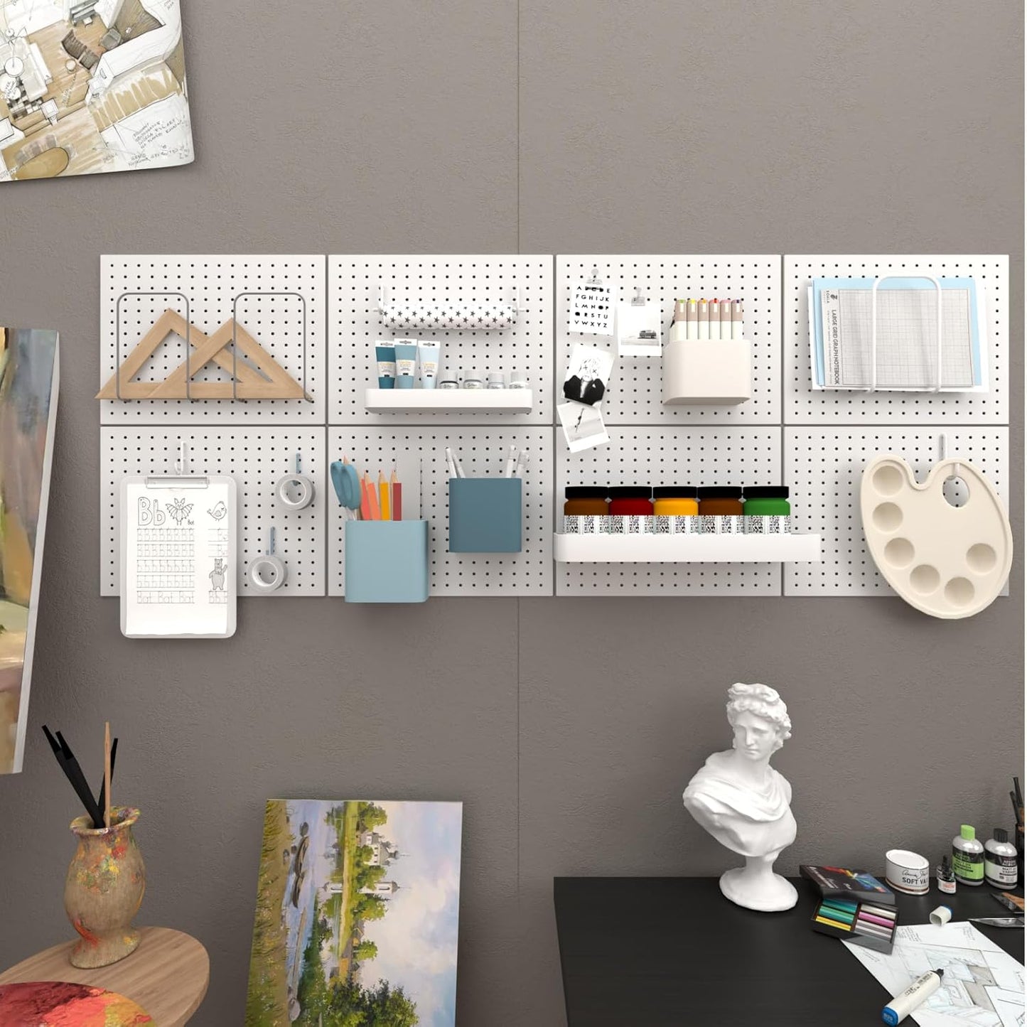 Peg Board,4 Pack Metal Peg Board Panels,White PegBoard Wall Organizer,16"x12" Small Tool Pegboard for Walls,Tools,Garage,Office,Kitchen