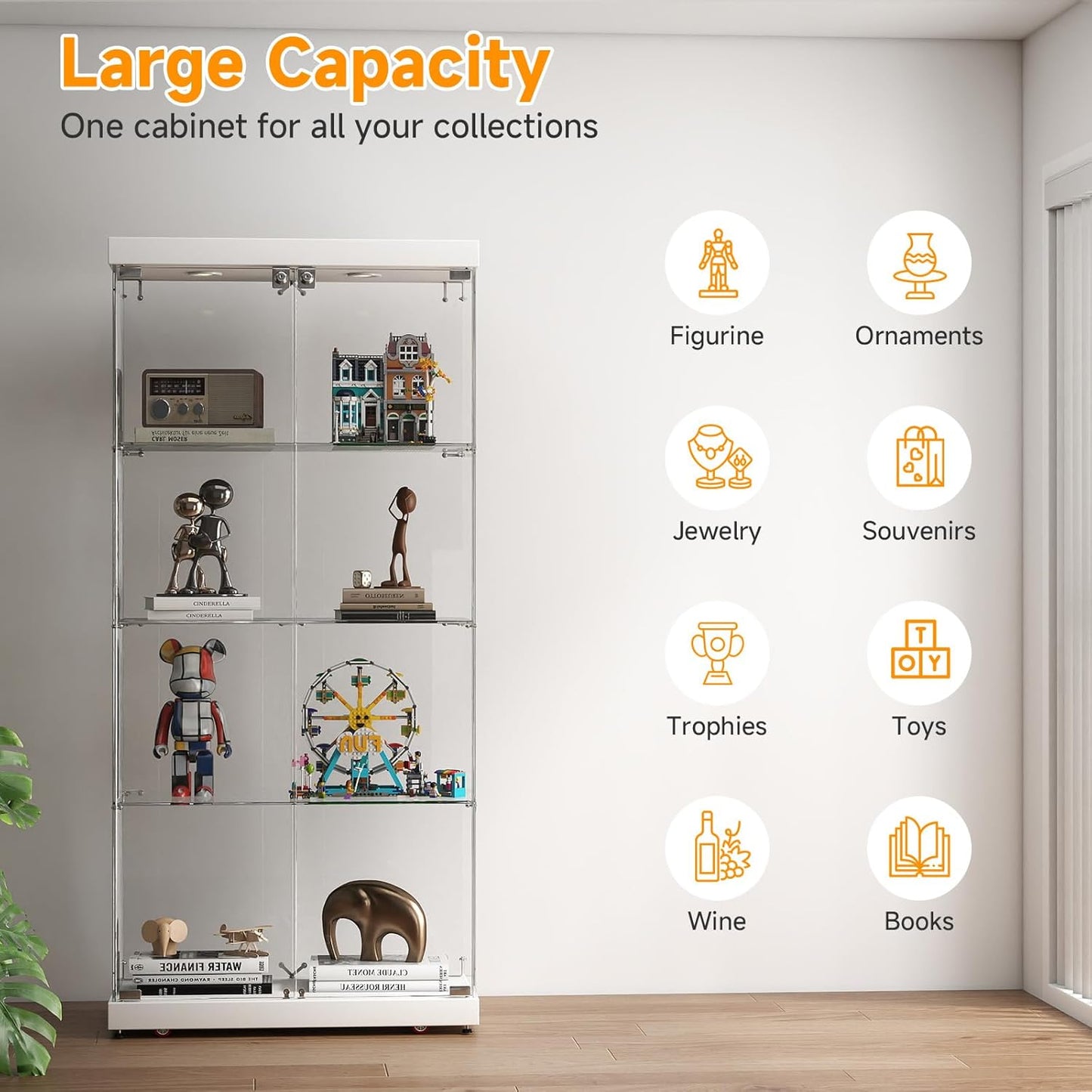 Tempered Glass Display Cabinet with Lights, 4-Tier Curio Cabinet with Glass Doors Wheels Two Locks, Glass Display Case for Collectibles for Living Room, Bedroom, Office, White, Double Door