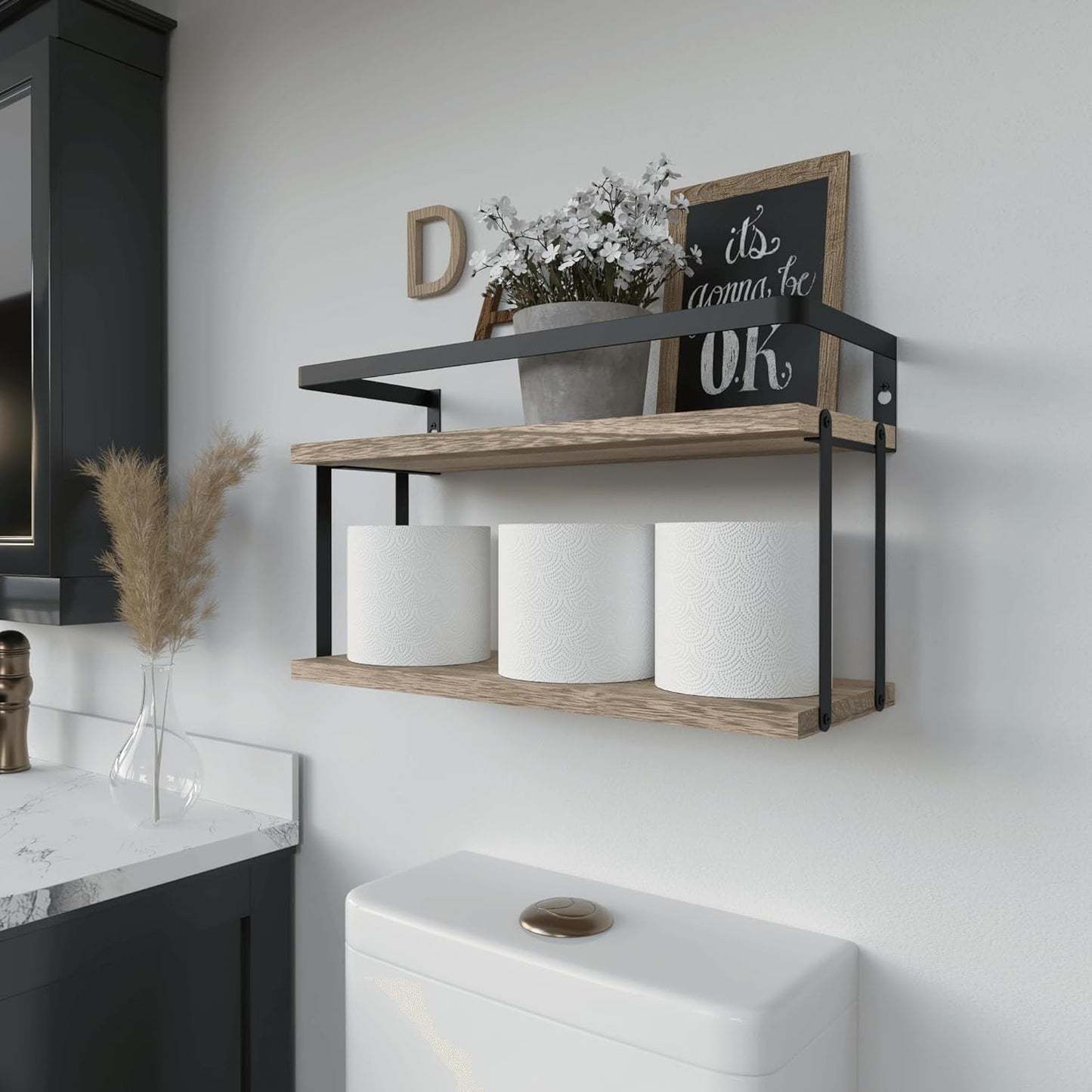 RICHER HOUSE Dual-Level Guardrail Floating Shelves, Rustic Wood Shelf Wall Mounted, Over Toilet Paper Storage Shelf for Bathroom Wall Decor, Bathroom Organizers and Kitchen Storage - Rustic Wood