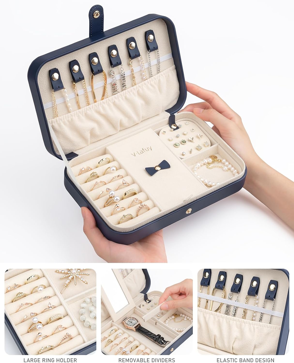 Travel Jewelry Case, Jewelry Box Small PU Leather Portable, Jewelry Travel Case for Rings Earrings Necklaces Bracelets Watch, Navy A