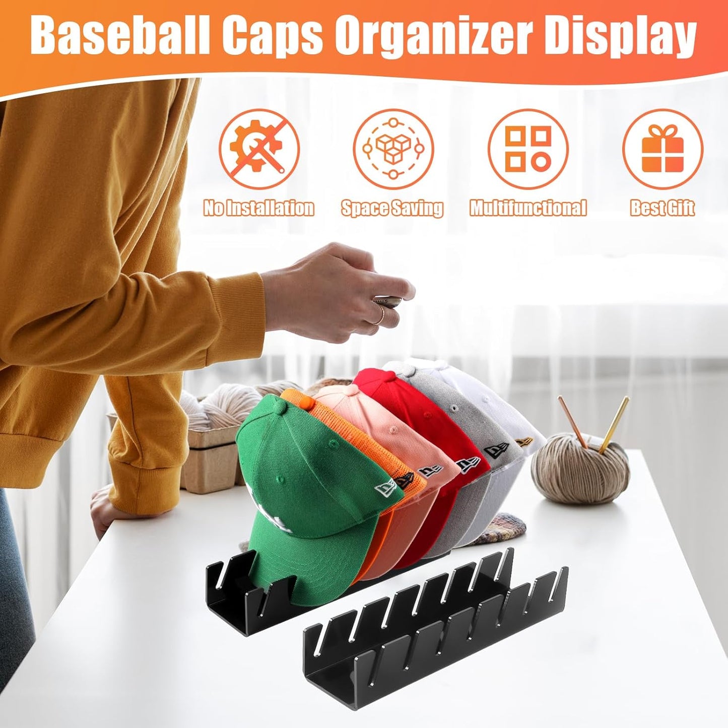 Hat Stand for Baseball Caps, 2 Pack No Install Acrylic Hat Organizer for 14 Baseball Caps Storage Organizer, Hat Racks Hat Holder Display and Organization for Closet, Bedroom, Dresser (Black-2Pack)