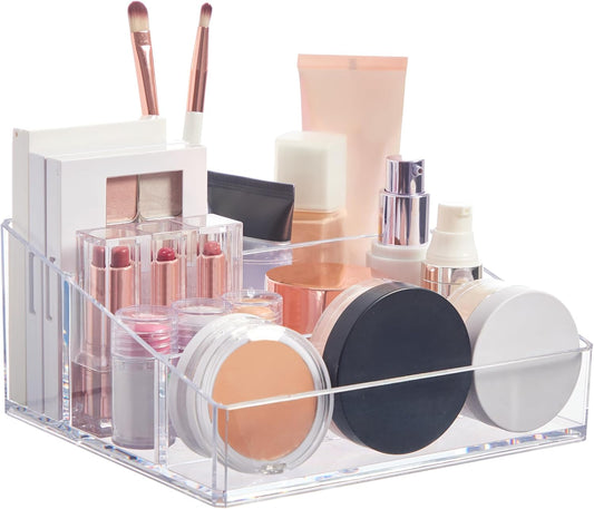 STORi Clear Plastic Small Countertop Vanity Makeup Organizer, Compact Rectangular 4-Compartment Holder for Brushes, Eyeshadow Palettes, & Beauty Supplies, Made in USA