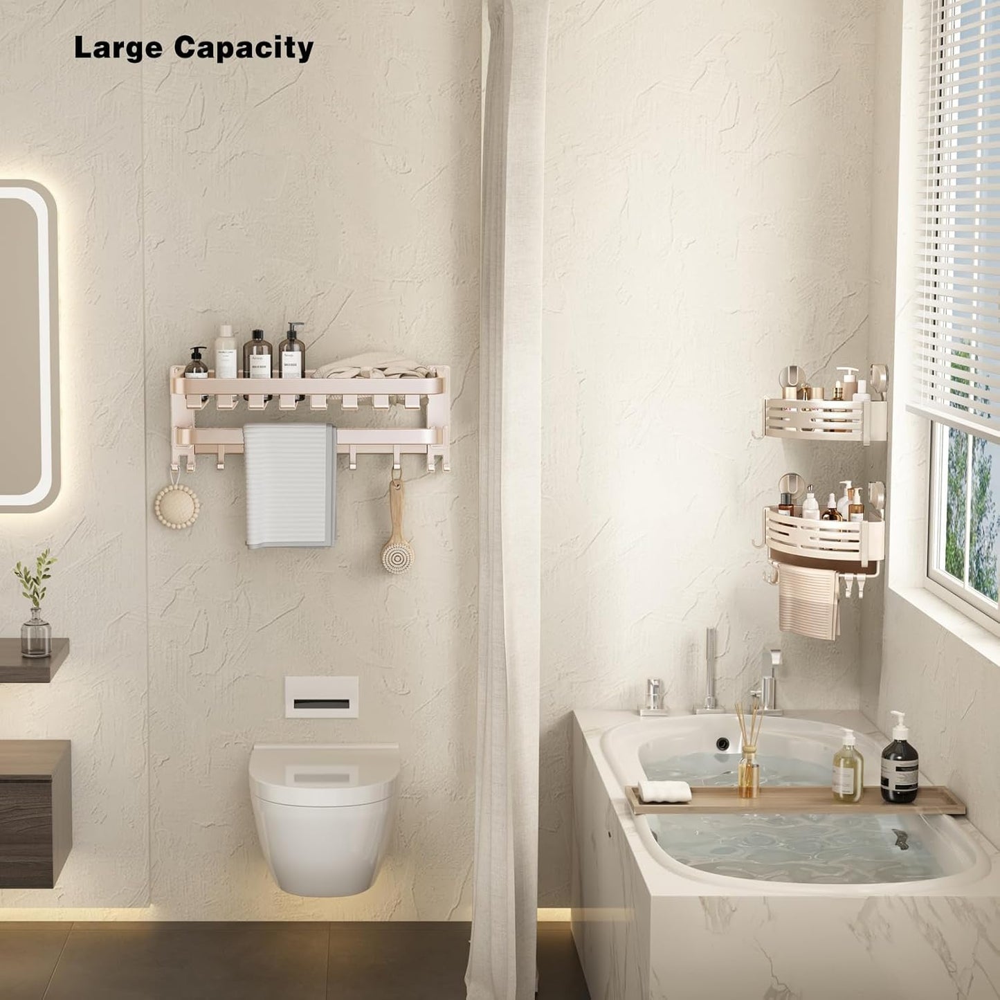 VOLPONE Corner Shower Caddy Suction Cup Shower Shelf Corner No Drilling Bathroom Shower Organizer Storage Rack Adhesive with Towel Bar Hooks(2-Pack, Ivory)