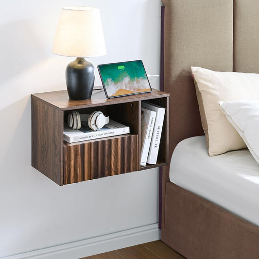 Modern Walnut Fluted Floating Nightstand with Charging Station, NightStand with Drawers, Bedside with USB Ports and Outlets, Bedroom Furniture (Right)