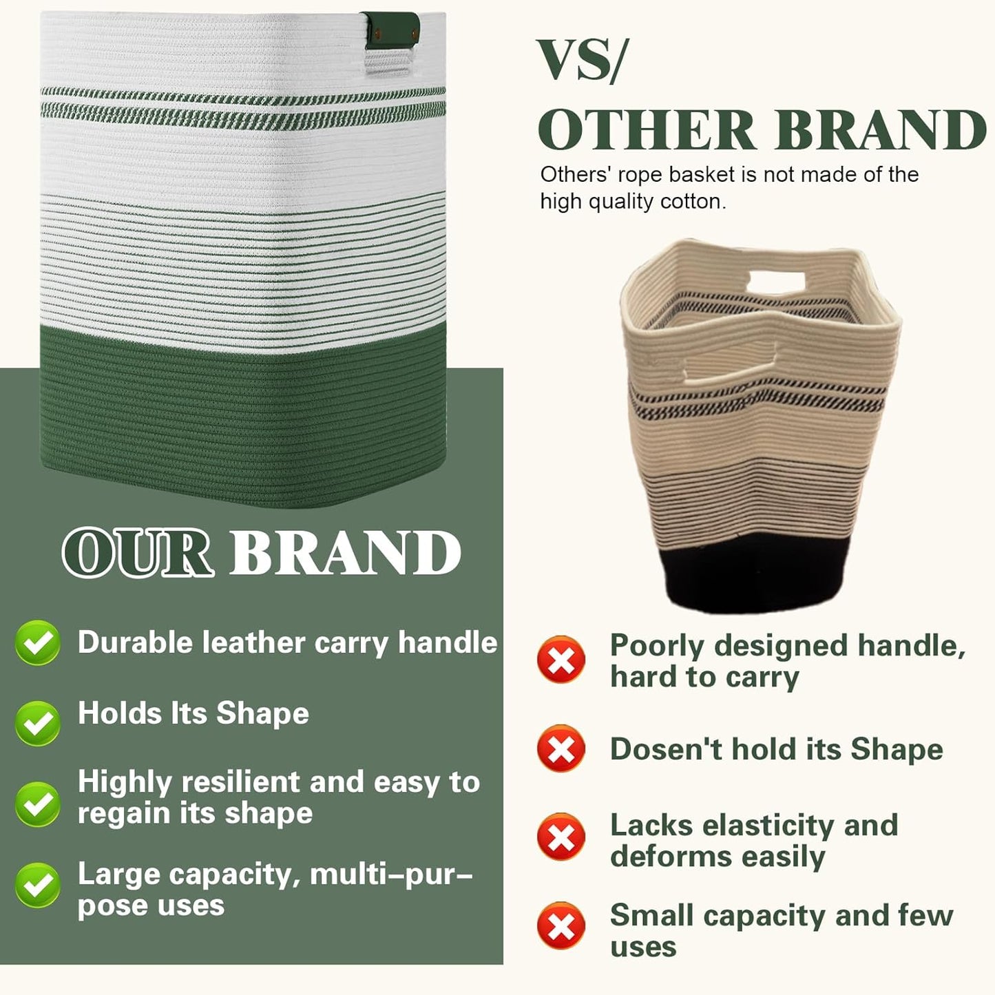 Laundry Hamper, 85L Tall Laundry Basket with Leather Handles, Rectangle Large Clothes Hamper for Organizing, Cotton Woven Laundry Baskets Storage Hampers for Bedroom, Nursery, Living Room