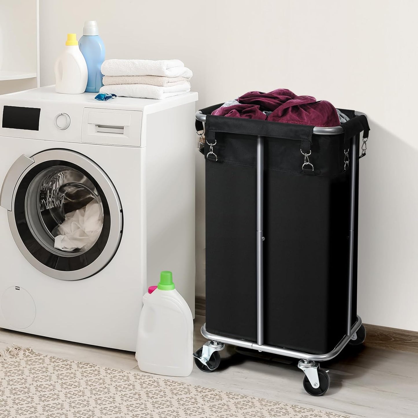 Laundry Basket with Wheels, Rolling Laundry Hamper with Removable Bag, 100L Laundry Sorter Cart, Tall Narrow Slim Clothes Hamper Organizer with Sturdy Metal Frame, Black+Silver
