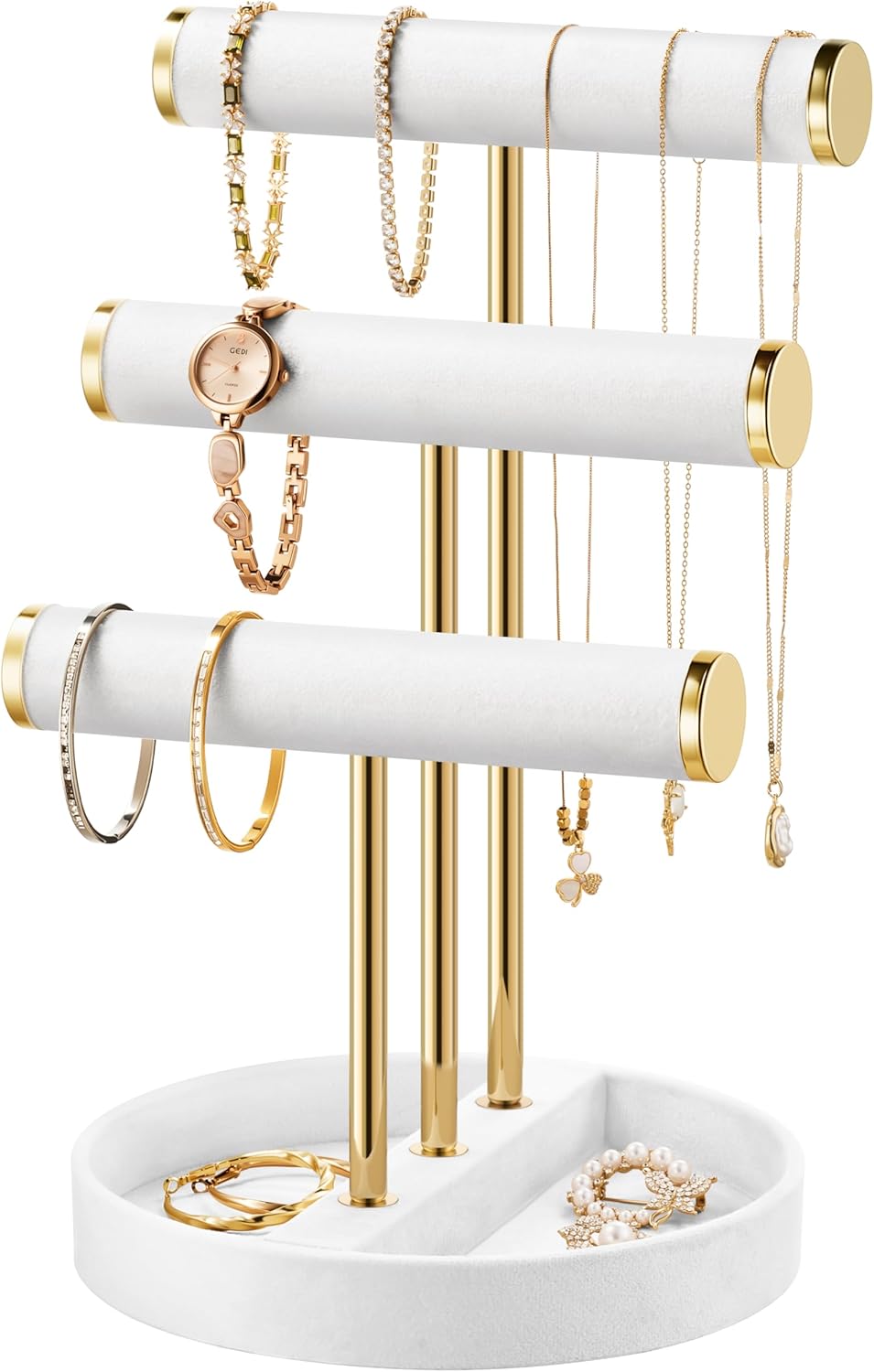 Bracelet Holder Jewelry Organizer Display - 3 Tier T Bar Velvet Stand, White Necklace Holder Organizer, Bracelet Holder, Earring Holder and Ring Display for Jewelry Organizers and Storage