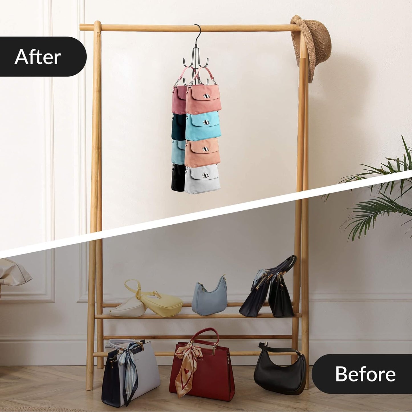 ZEDODIER 2 Pack Purse Organizer for Closet, Rotatable Purse Hanger Bag Holder, Max 16 Storage Capacity Backpack Rack, Metal Space Saving Hanger, Black