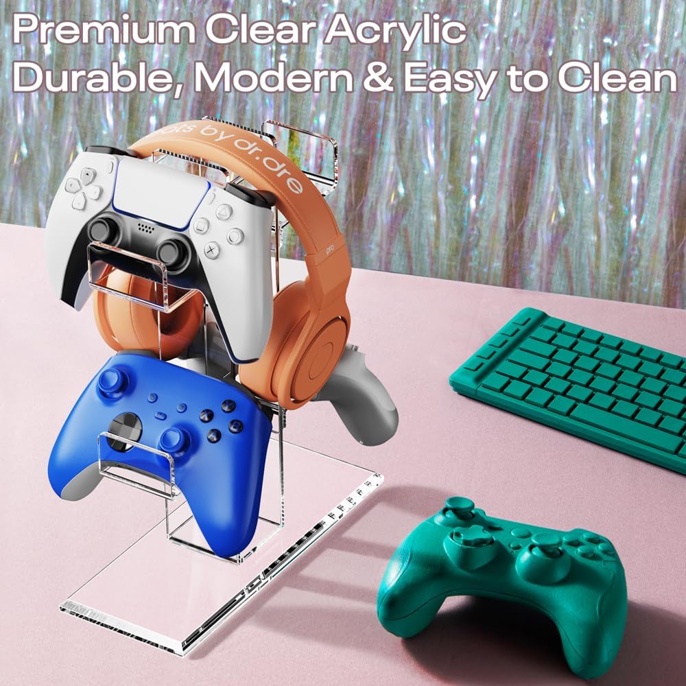 Crpich Acrylic Controller Stand, 3-Tier Headphone and Game Controller Holder with 5 Slots, Clear Desk Organizer for Xbox, PS5, PS4, Switch and More