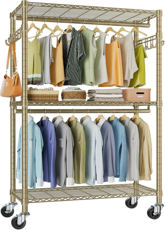 VIPEK R2 Plus Rolling Clothes Rack for Hanging Clothes Heavy Duty Garment Rack 3 Tiers Adjustable Wire Shelving Clothing Racks with Double Hanging Rods, Closet Organizers and Storage, Gold