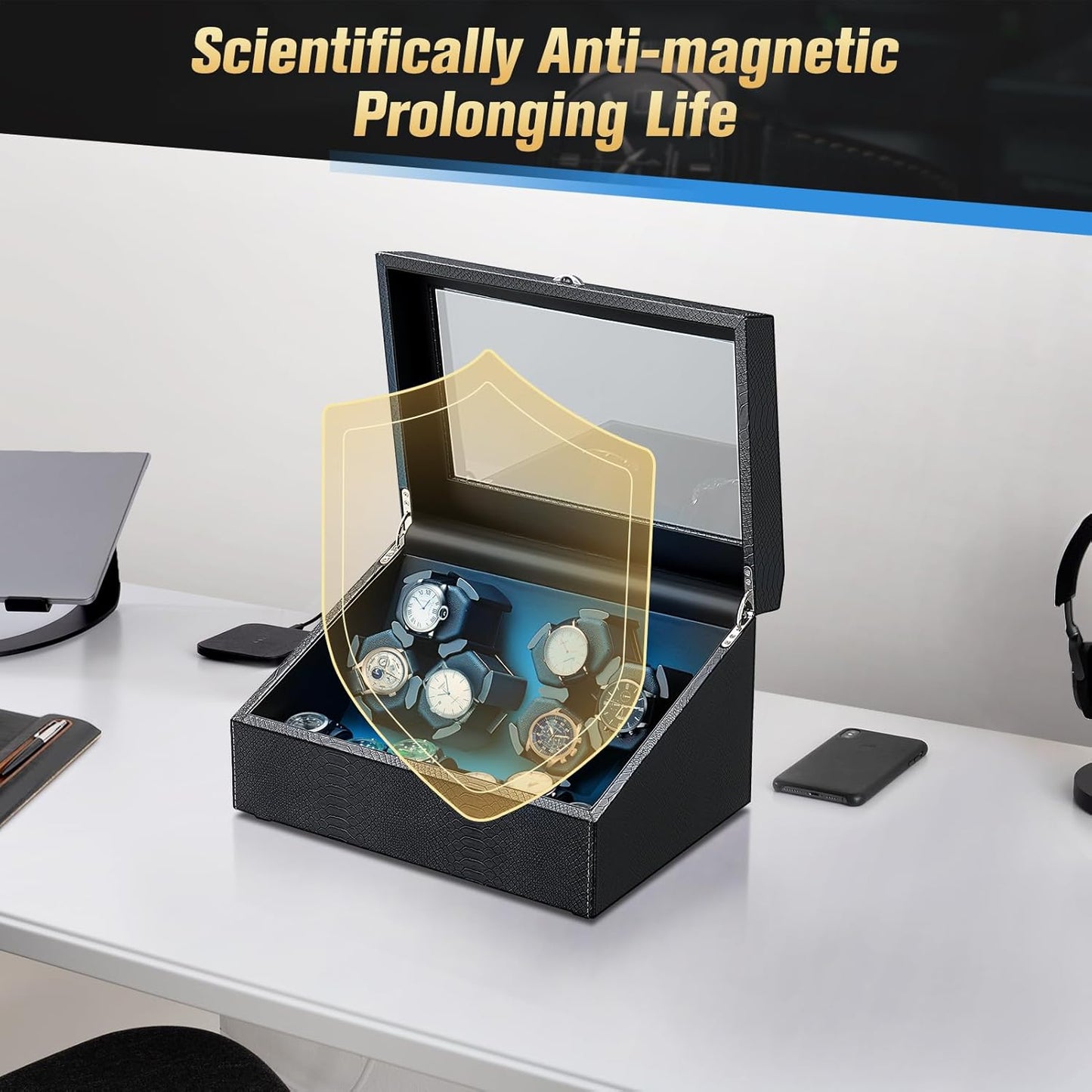 Watch Winder for Automatic Watches,Ultra Quiet Motor,4 Automatic Watches and 6 Extra Watch Storage Spaces, PU Leather Crocodile Styling