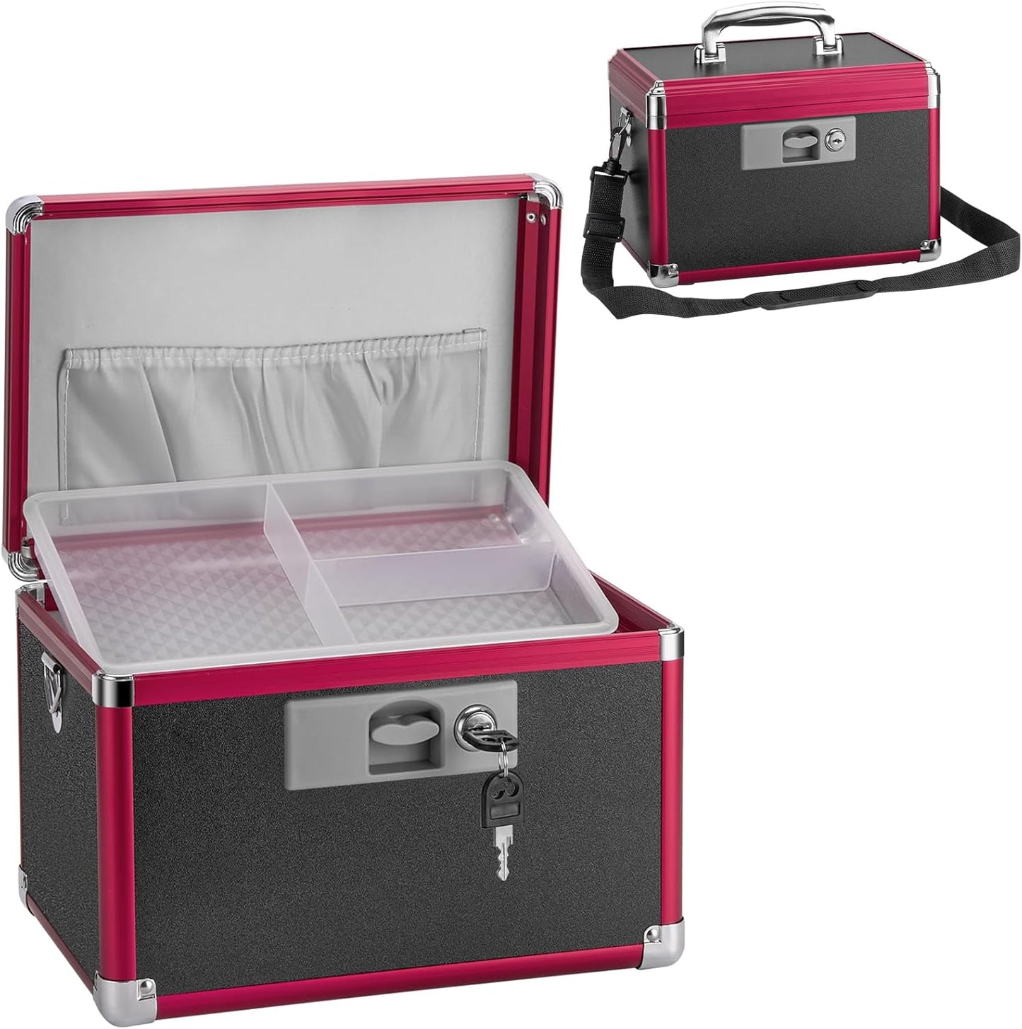 Medicine Lock Box for Safe Medication - 15 x 8.7 x 9.4 Inches - Lockable Storage Box for Drugs, First Aid Kit Empty, Lock Boxes with Key for Home/Outdoor (Black & Red/X-Large)