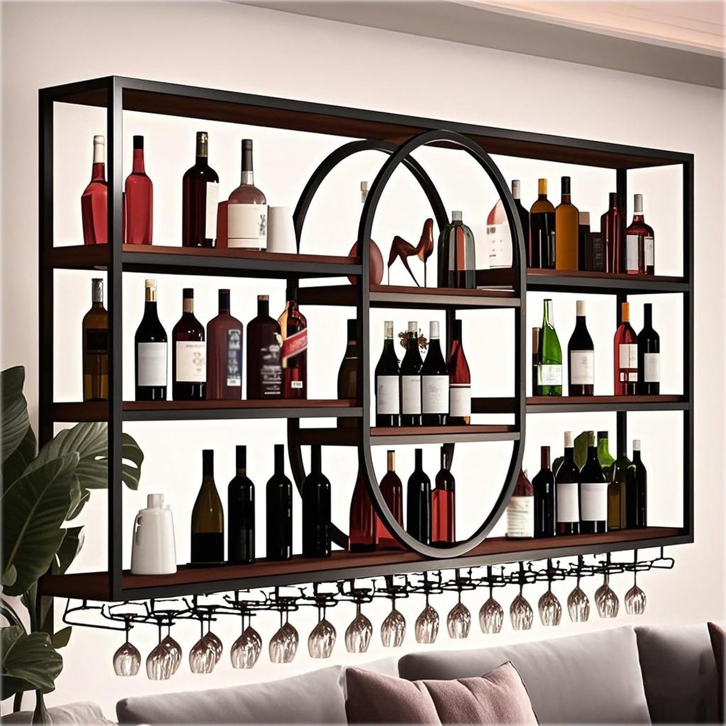 Large Wall Mount Wine Rack, Metal 4 Tier Large Capacity Hanging Bar Rack with Wine Glass Holder, Oval Wine Bottle Storage Display Rack for Kitchen, Living Room, Home (Black, 160cm/63in)