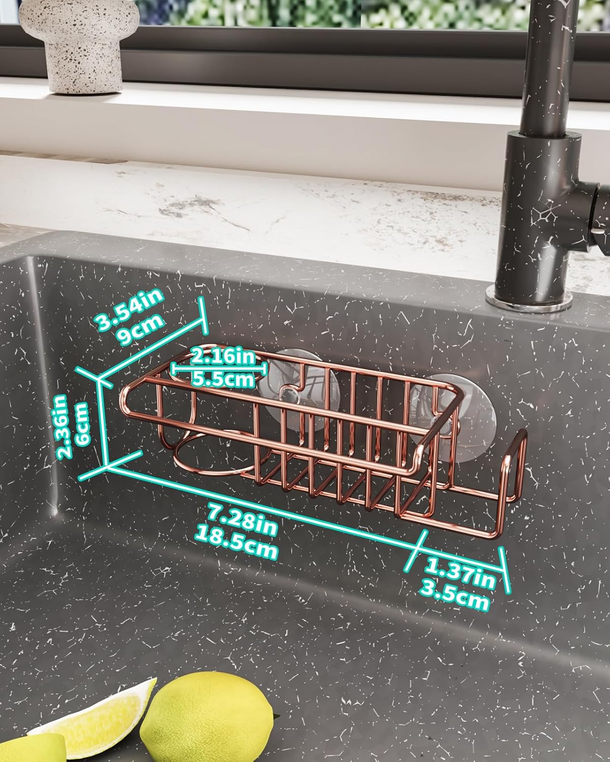 HapiRm Sponge Holder for Kitchen Sink, No Drill Kitchen Sink Caddy Organizer, Rustproof and Waterproof Dish Sponge Holder - Rose Gold