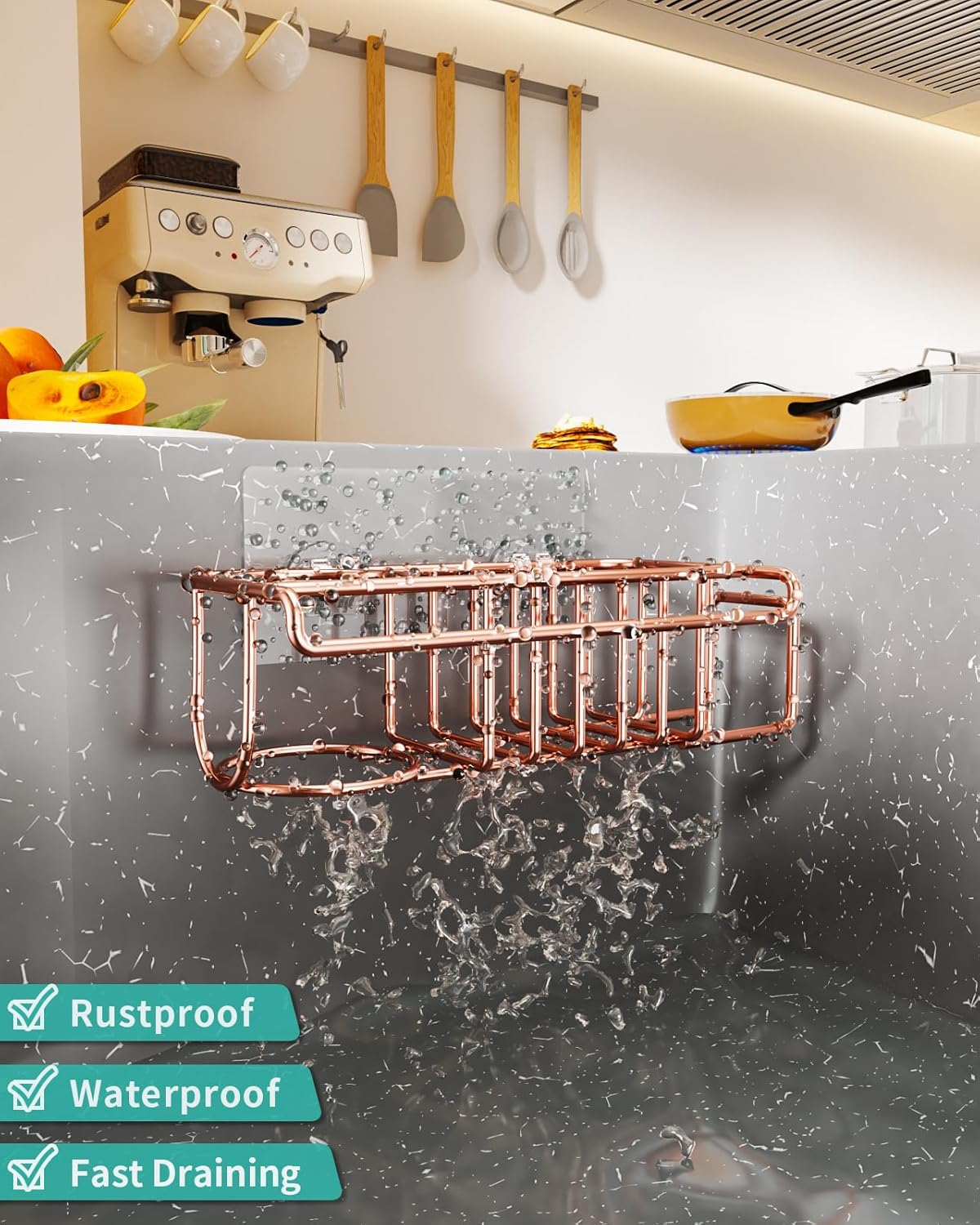 HapiRm Sponge Holder for Kitchen Sink, No Drill Kitchen Sink Caddy Organizer, Rustproof and Waterproof Dish Sponge Holder - Rose Gold