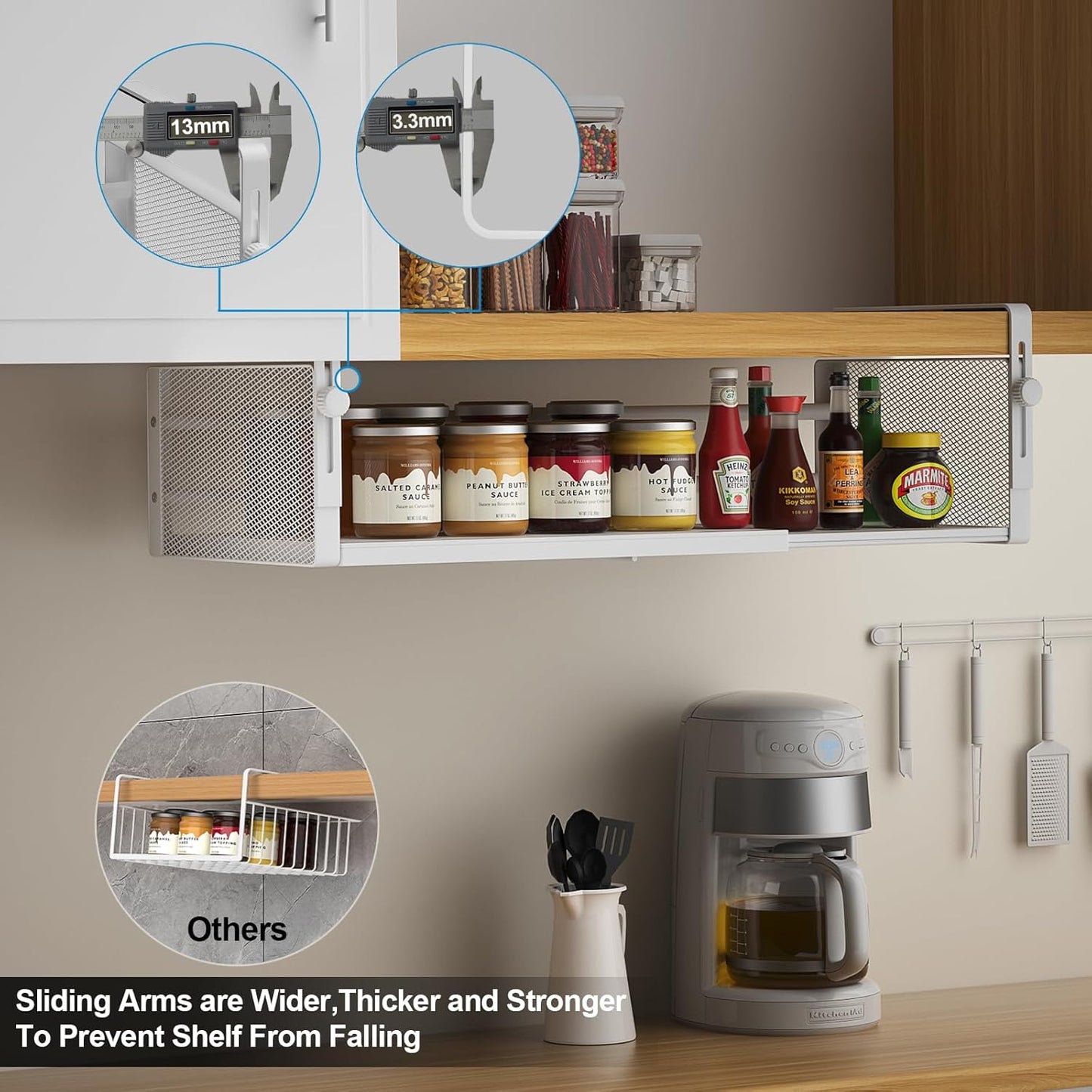 2Pack Under Shelf Basket, Adjustable Hanging Under Cabinet Shelf Storage, Hanging Holder Length Stretchable 14.9-22.6Inch for Kitchen Pantry Desk Counter Bookshelf Cupboard (White)