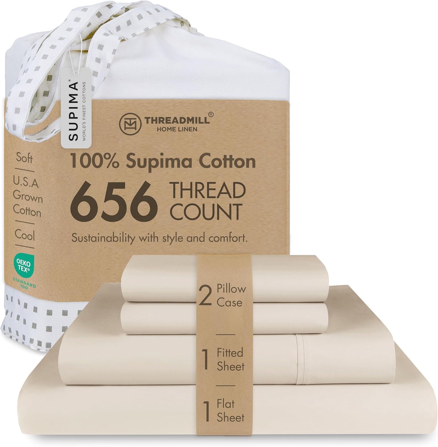 Threadmill American Supima King Size Sheets Set | 656 Thread Count 4 Piece Luxury Bed Sheets for King Size Mattress | 5 Star Hotel Quality Sheets with Elasticized Extra Deep Pocket | Beige Sheets