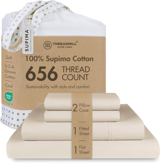 Threadmill American Supima King Size Sheets Set | 656 Thread Count 4 Piece Luxury Bed Sheets for King Size Mattress | 5 Star Hotel Quality Sheets with Elasticized Extra Deep Pocket | Beige Sheets