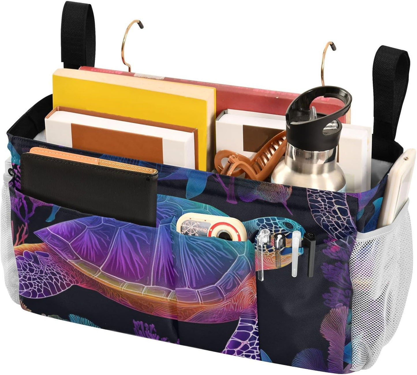 Colorful Gradient Turtle Fish and Coral Bedside Caddy for Dorm Bed Bedside Hanging Caddy Bag Iron Frame Storage Organizer Pocket for Bunk Home College Hospital Beds 2 Hooks