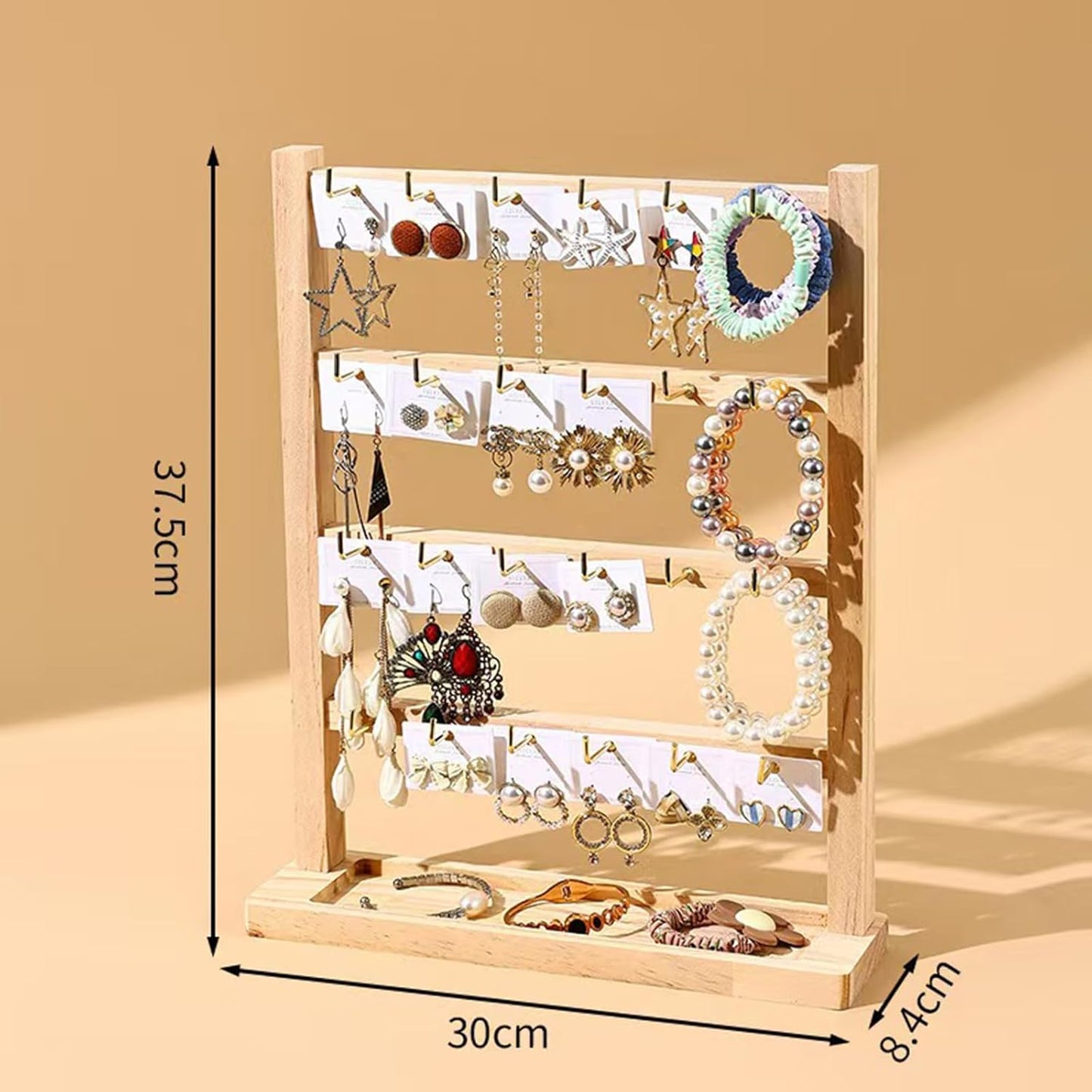 4 Layers of Wooden Display Eacks With Hooks for Necklaces. Rings, Earrings, Bracelets, And Other Jewelry Storage Display Rack