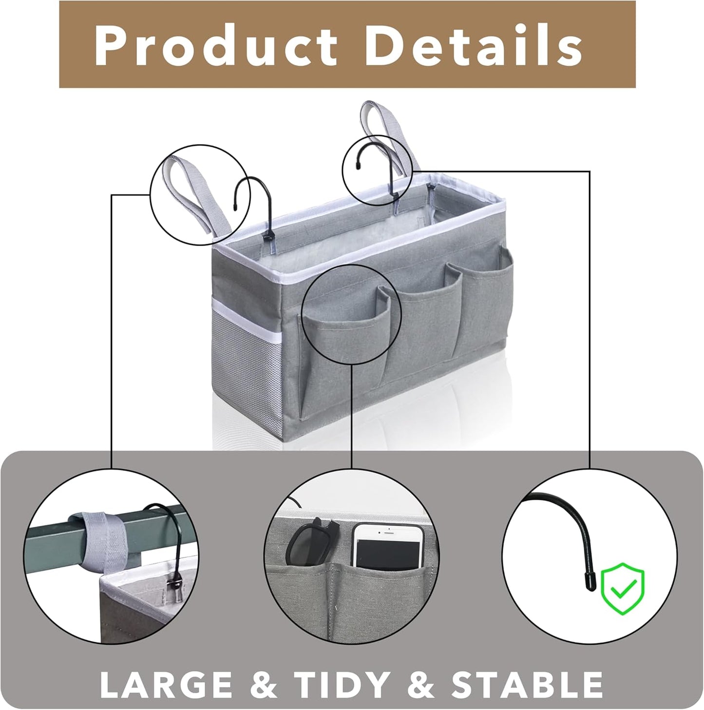 Bedside Caddy Storage Organizer - 2pcs Hanging Bag Holder with Pockets for Bedroom, Loft, Tent, Curtain, Bunk bed Shelf Accessories (Gray)