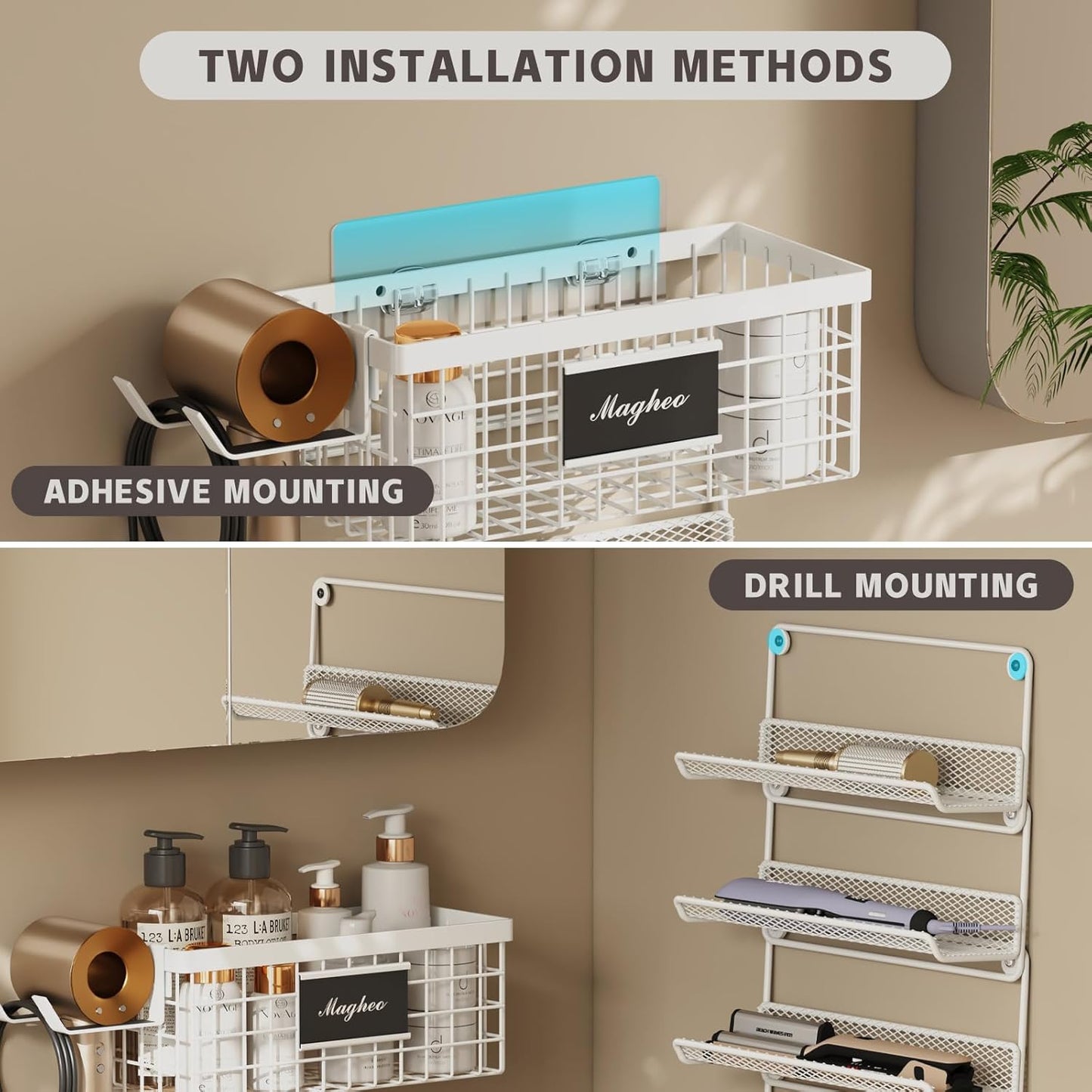 Hair Dryer Holder Wall Mounted, Adheisve Hair Styling Tool Organizer for hair Brush/Appliance Wall Mount with 5 Tier Shelf Basket Hooks Blow Dryer and Straightener Holder for Bathroom(White)