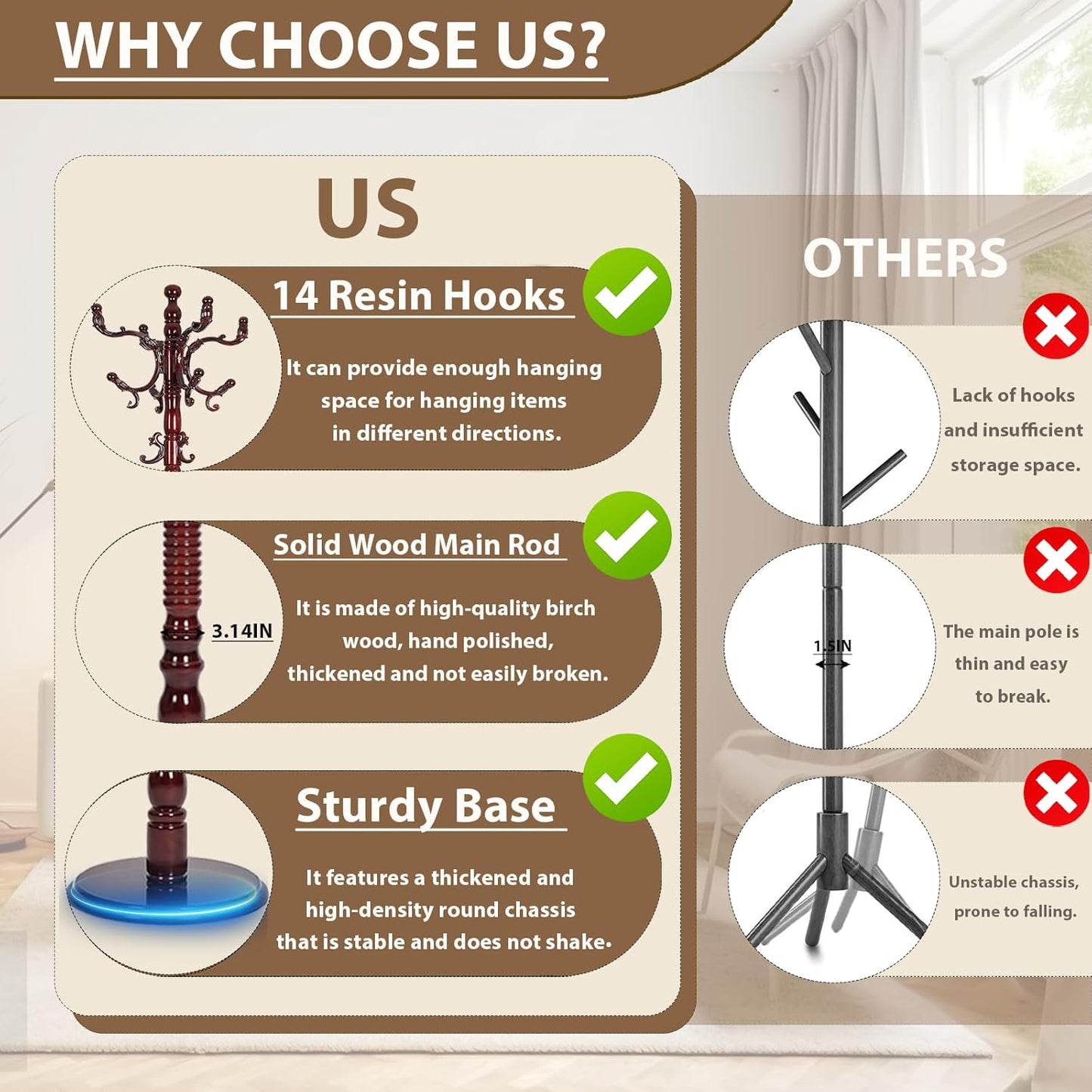 Solid Wooden Coat Rack Stand, Coat Racks Freestanding with 14 Hooks, Natural Birch Wood Coat stands with Sturdy Round Base, tree Coat Hanger Standing for Entryway Bedroom Office (Redwood disc)