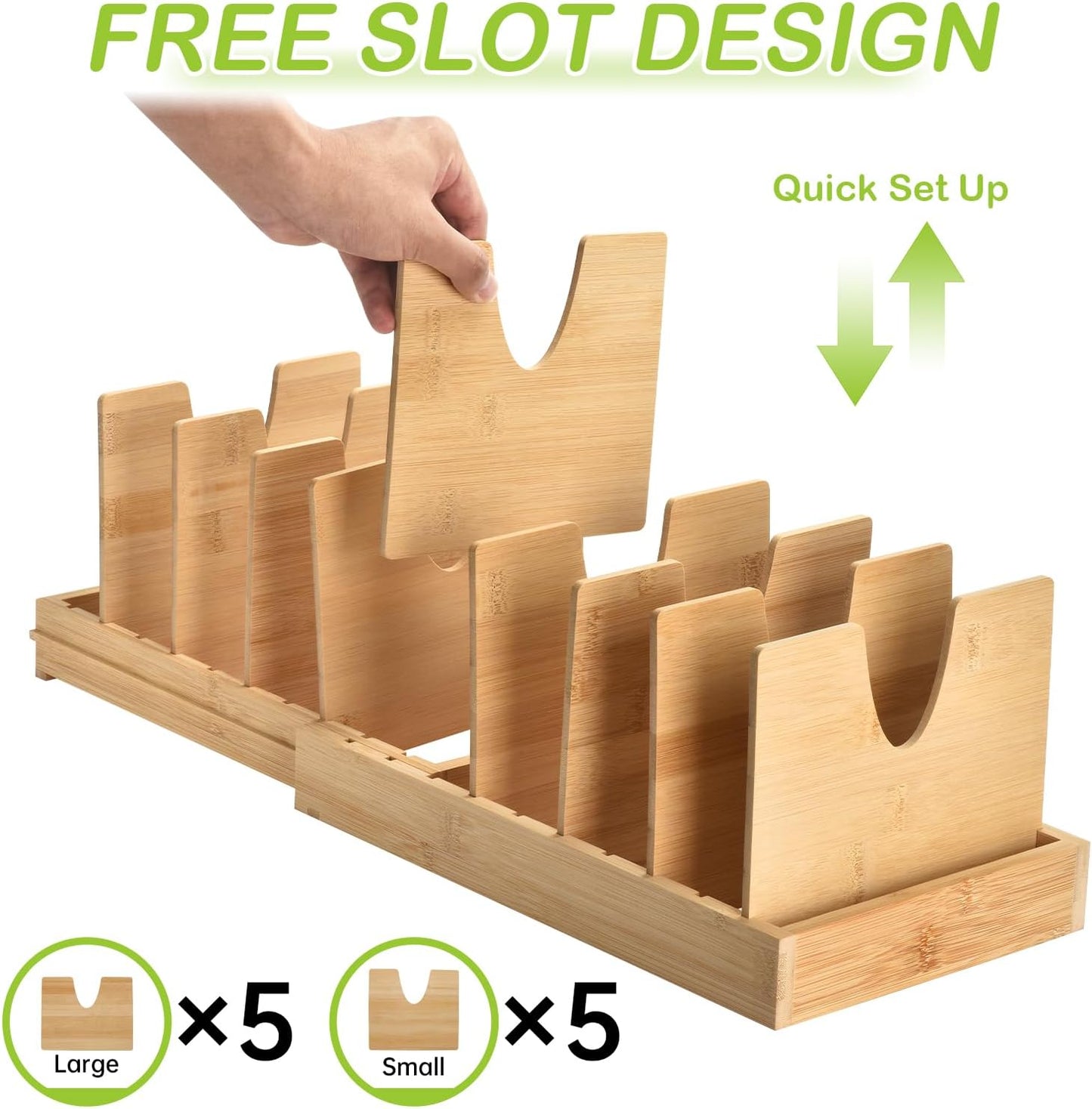 Pots and Pans Organizer under Cabinet - Bamboo Expandable Pot Lid Organizer, Adjustable Bakeware and Cutting Board Organizers, Pot Lid Holder Rack for Kitchen Organizers and Storage