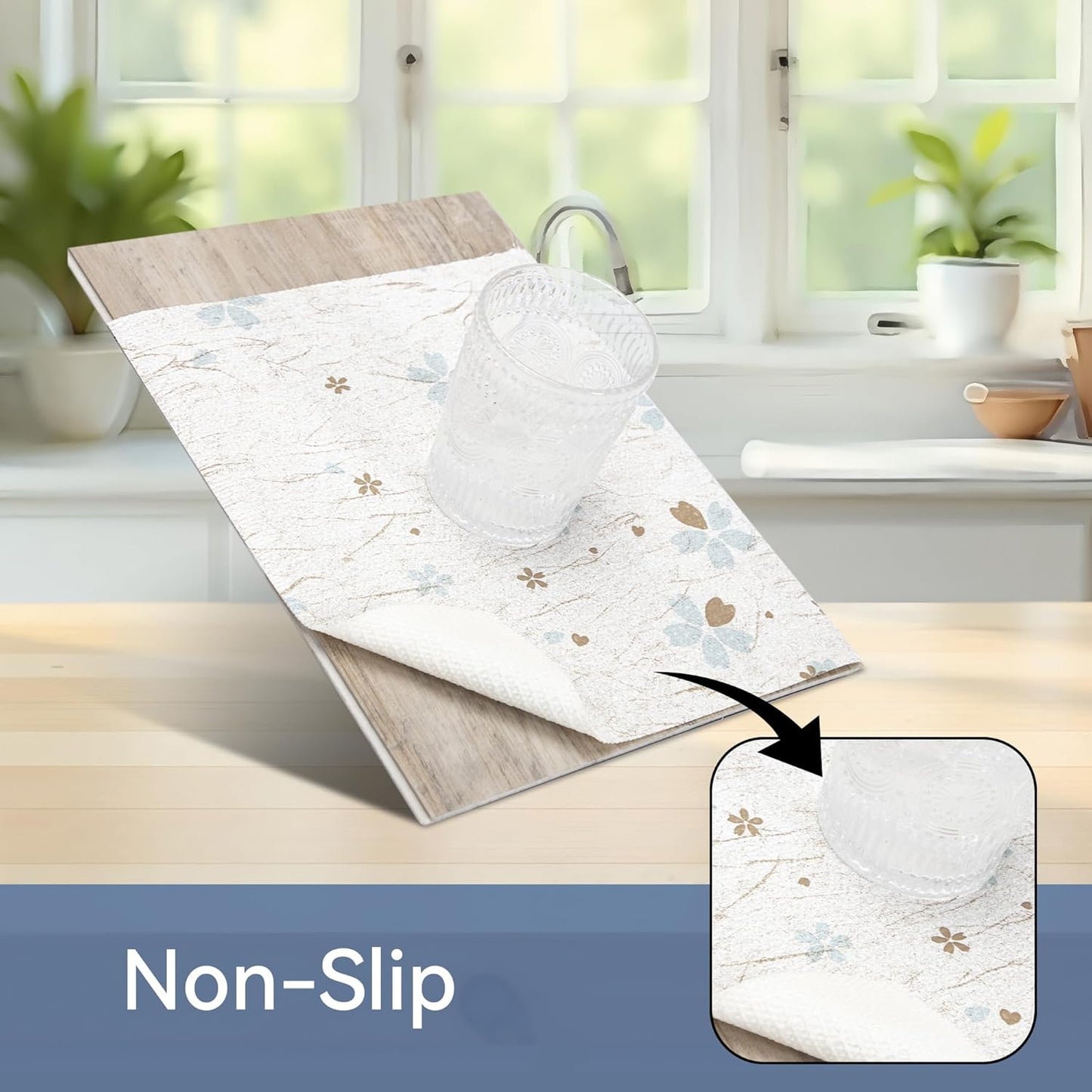 FIFTY FEET 12"x120" Non-Adhesive Shelf Liner for Kitchen Cabinets and Drawers, Washable Non-Slip PVC Cabinet Liner (White Floral)(1 Roll)