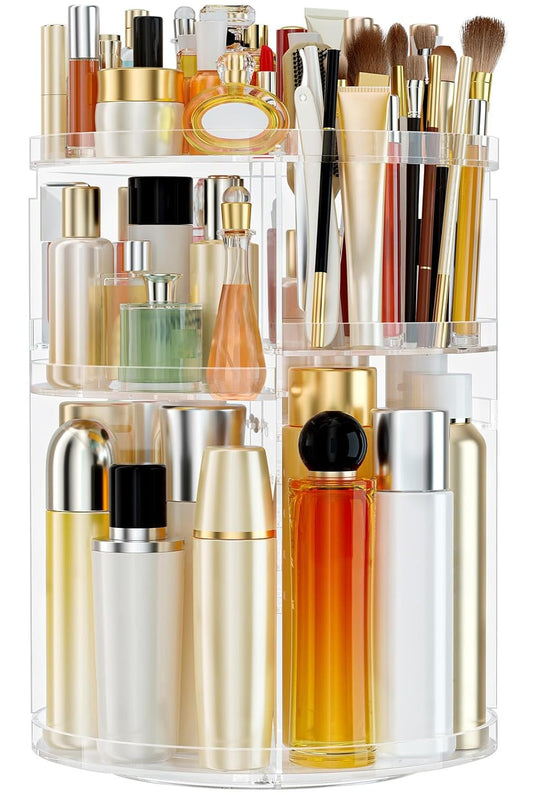 Makeup Organizer 360 rotating, Adjustable Skincare Organizer with Brush Holder, Cosmetics Display Cases for Vanity Bathroom Countertop Large Capacity Carousel Make up Caddy Shelf (Transparent)