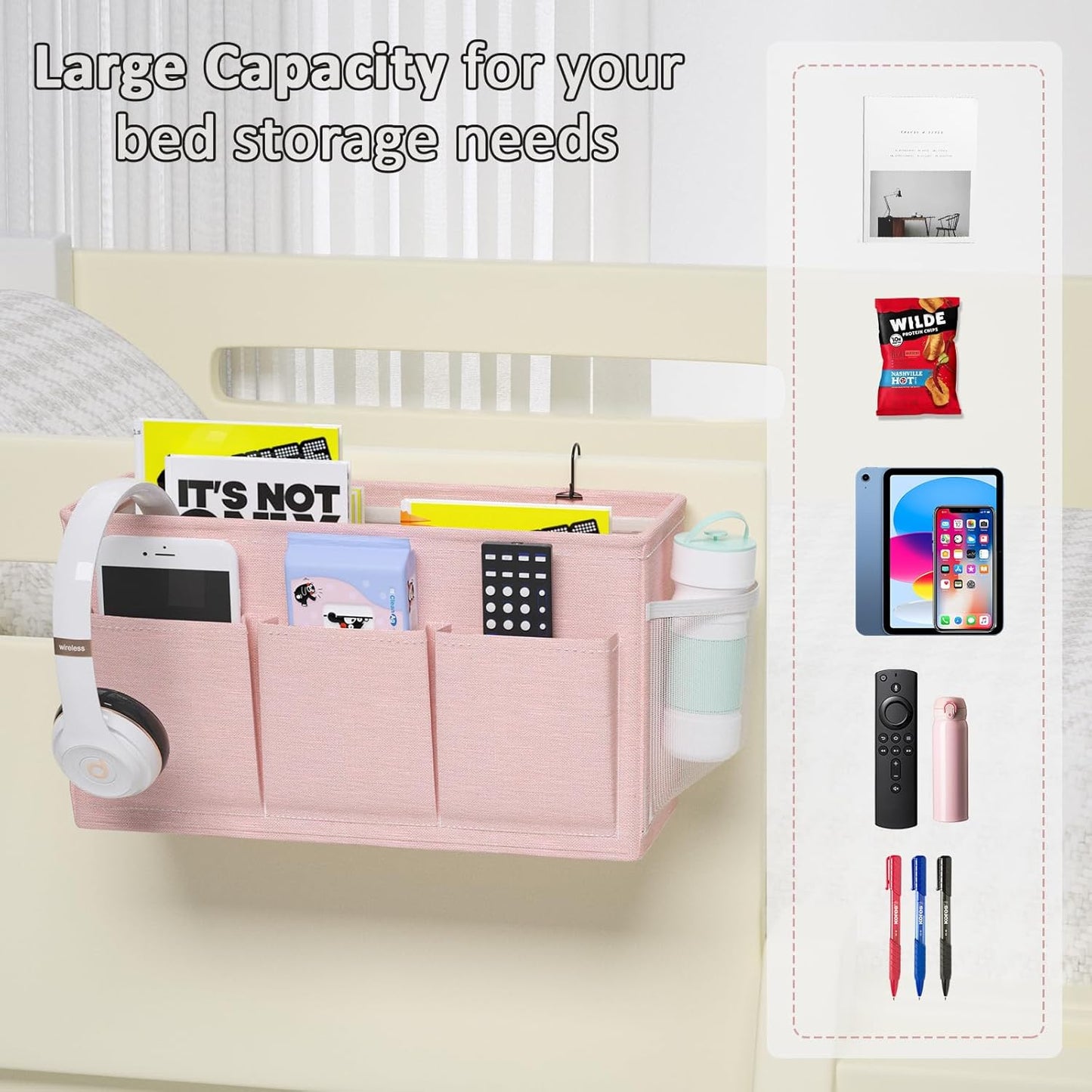 Dual-purpose Bedside Caddy Bedside Organizer, Bed Caddy with 6 Pockets, Versatile Bedside Storage Solution Magazine Remotes holder, ideal for Home, Dorm, Hospital, Crib Bed (Pink)
