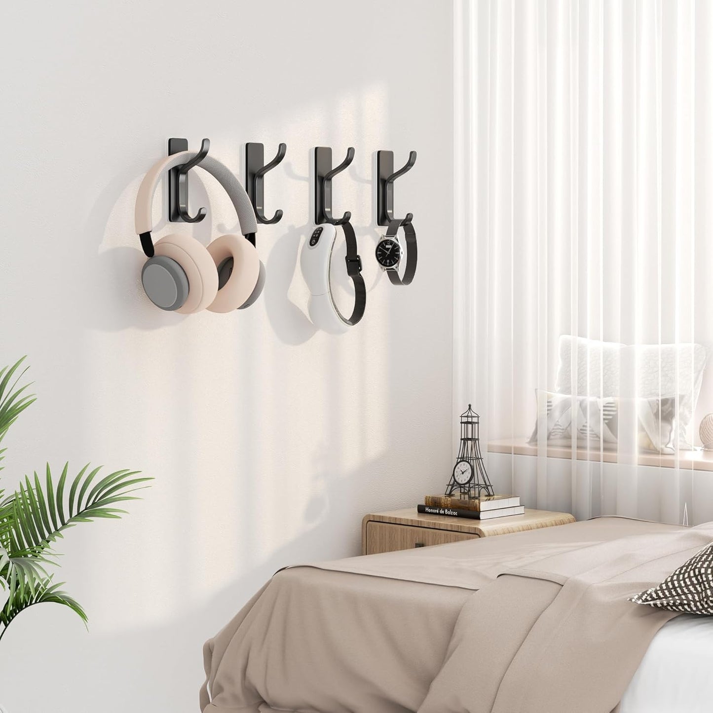 pickpiff Adhesive Wall Coat Hooks - Heavy Duty Stick-On Door Hanger, Black Metal Hook for Hanging Towel,Purse, Robe, Backpack, Jacket, Clothes - for Bathroom,Dorm, Closet, Kitchen - 4 Pack