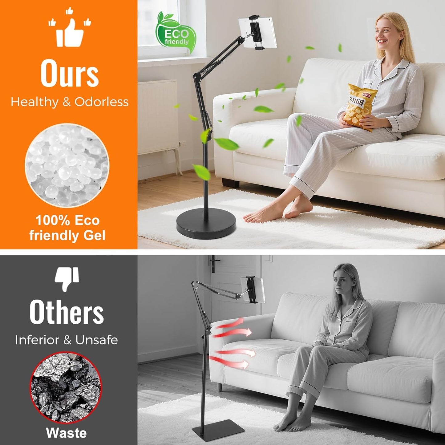 Tablet Floor Stand with 12lb Base - Adjustable Height Heat-Resistant Anti-Scratch Stretchable Swivel Holder, Compatible with iPhone iPad Pro Air Mini, Samsung, Kindle, Cell Phones 4.7"-13" - Large
