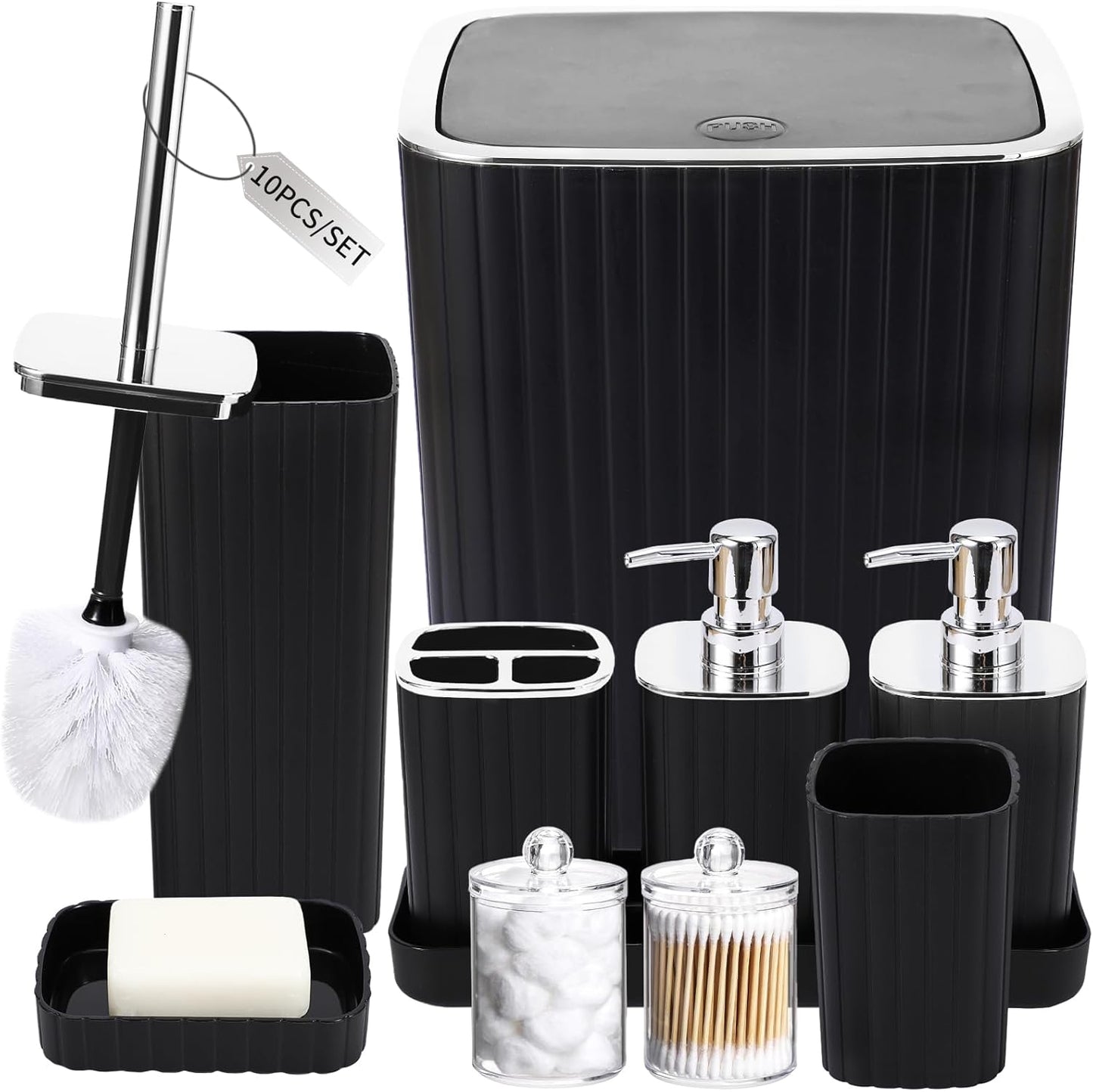 Bathroom Accessories Set - Gorgeous Bathroom Set, 10PC Black Bathroom Accessory Set, Toilet Brush, Trash Can, Qtip Holder Dispenser & Soap Dispenser