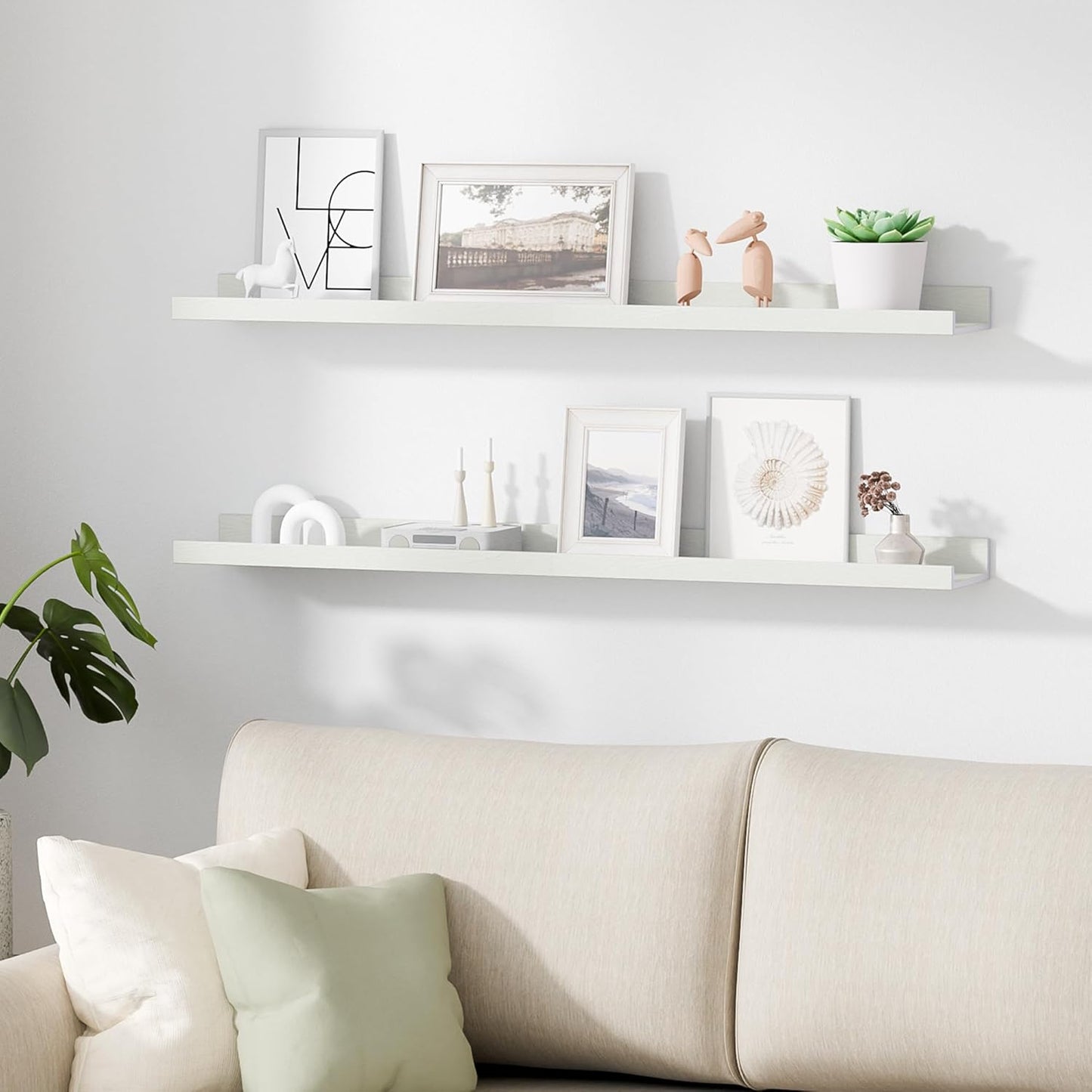 upsimples Floating Shelves for Wall, 35.5 Inch Shelves for Decor Storage Set of 6, Wall Mounted Wood Shelf for Bedroom, Living Room, Bathroom, Kitchen, Long Picture Ledge Shelves, White