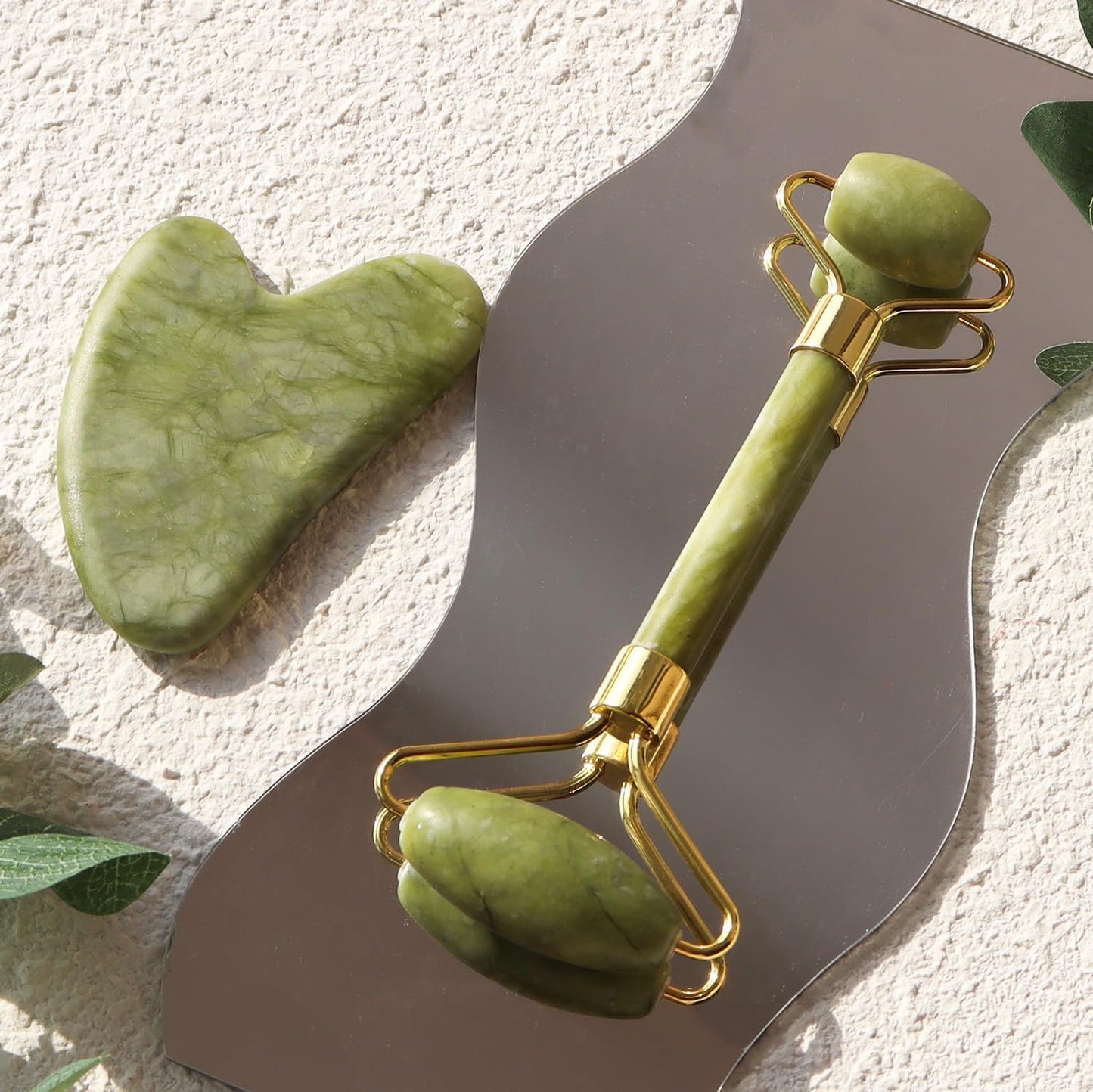 4-Piece Body Roller Jade & Authentic Jade Roller and Gua Sha Set for Face and Body Sculpting, Puffiness Reduction, Lymphatic Support, and Relaxing Spa Massage