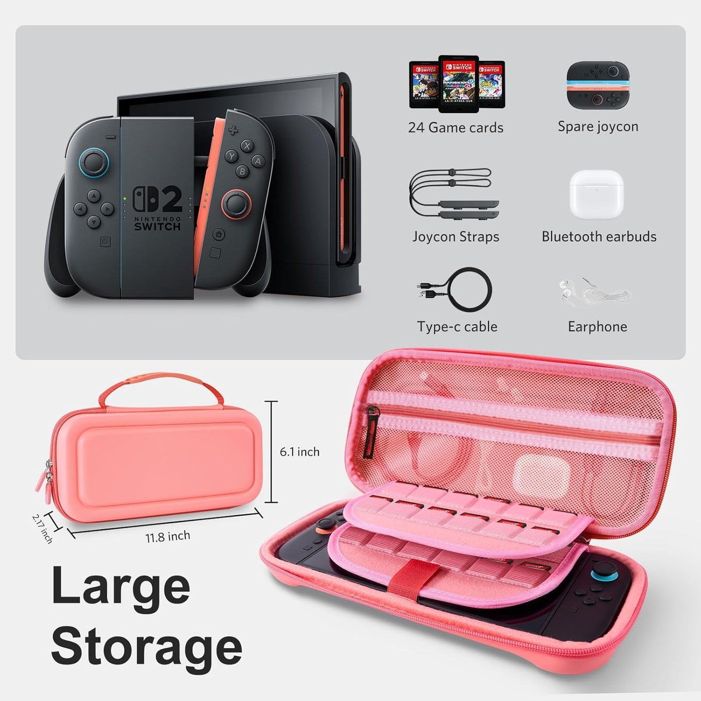 CoBak Large Capacity Carrying Case for Nintendo Switch 2 (2025) - 3 in 1 Accessories Bundle with 2 Screen Protectors, Thumb Grip Caps, 24 Game Cartridges, Hard Shell Portable Travel Pouch, Pink