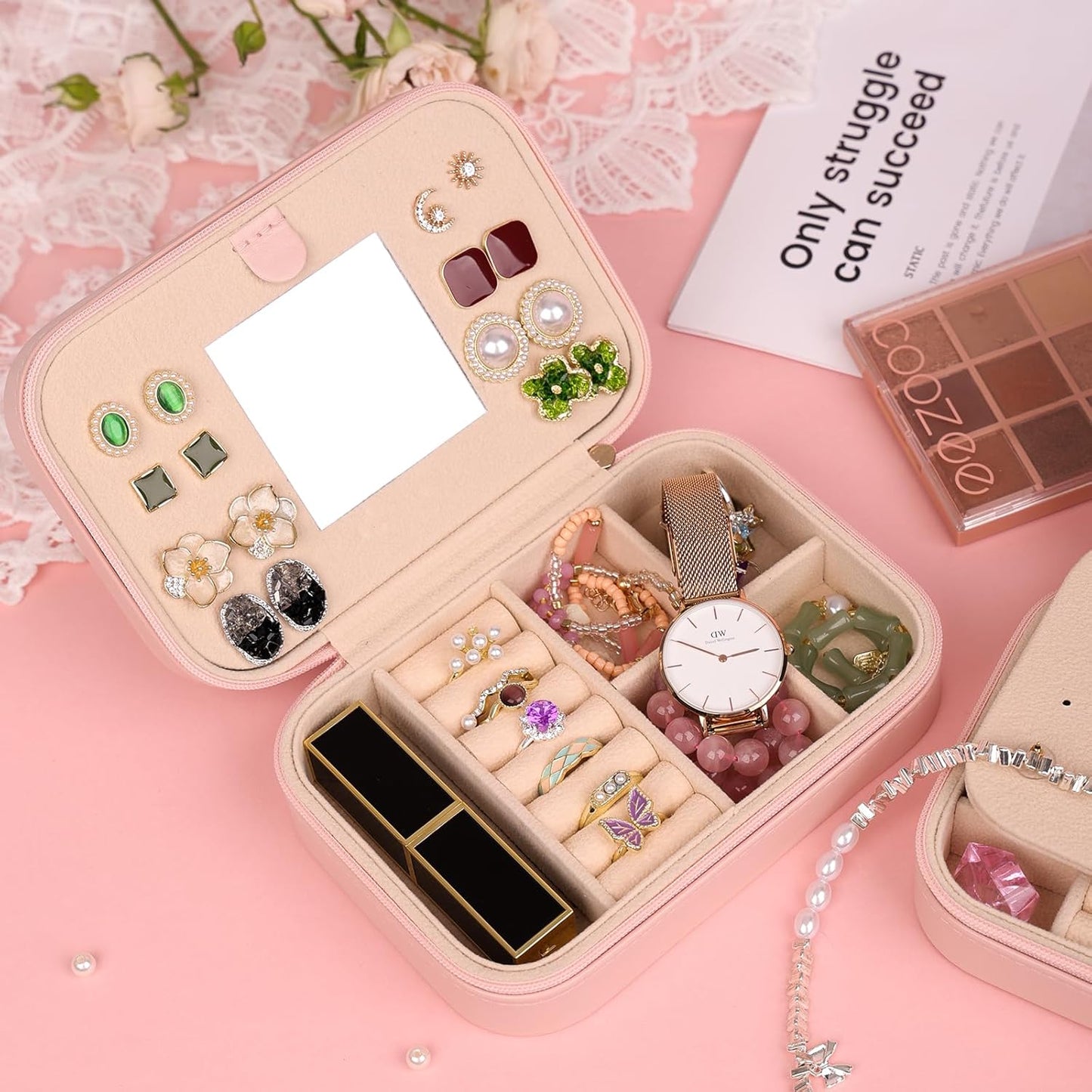 TopPerfekt Travel Jewelry Case, Jewelry Box with Mirror, Jewelry Organizer Bridal Shower Gifts to Her, Earring Storage Travel Case, Trendy Gift for Women and Girls, Girlfriend-Letter B, Pink