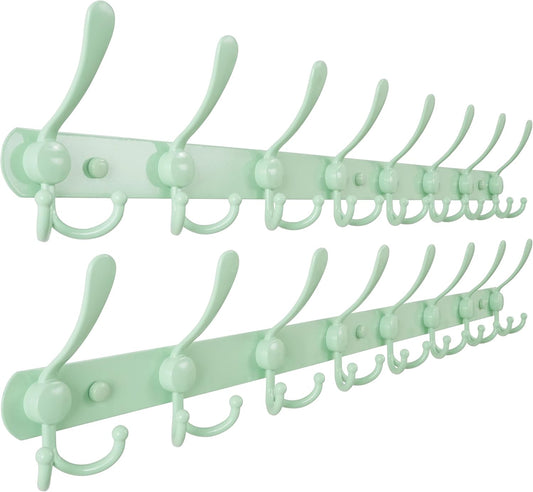 Dseap Coat Rack Wall Mount - 29.5” Long 8-Tri-Hooks Heavy Duty Coat Hanger Rail Wall Hooks for Hanging Coats Hats Clothing Clothes Purse Mudroom Entryway, Green, Pack of 2
