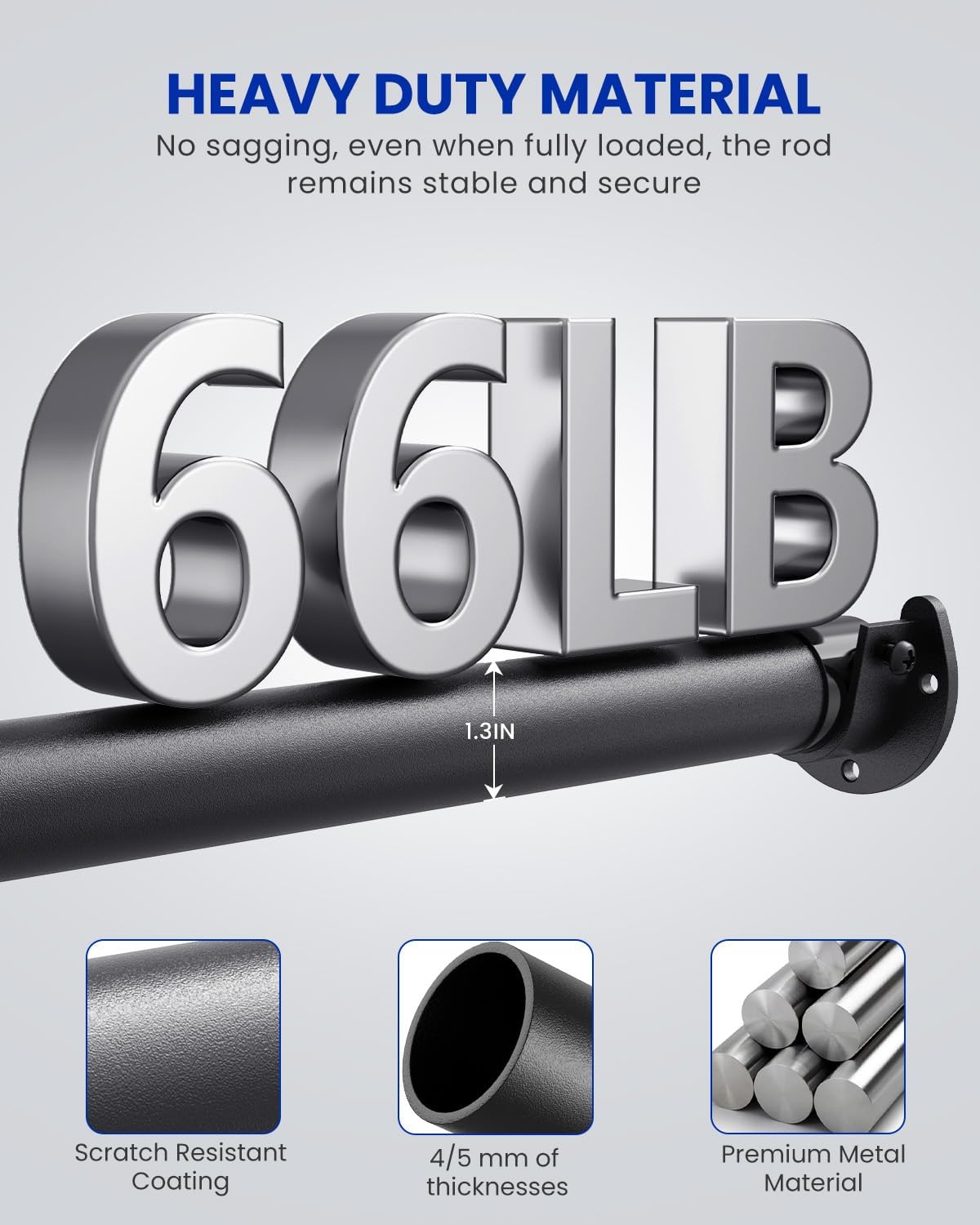 Closet Rods for Hanging Clothes, 17 to 84 Inches Stepless Adjustable Metal Closet Rod, 1.3 Inches Heavy Duty Clothes Hanging Rod for Closet Wardrobes Laundry RV, Black