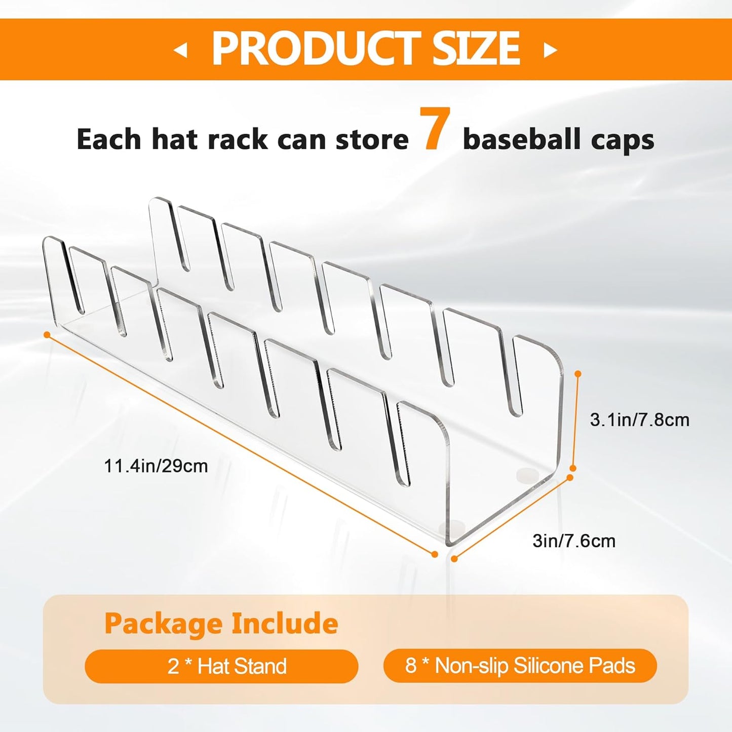 Baseball Caps Hat Stand & Holder Organizer, Acrylic No-Install Rack Closet Display, Storage for 14 Caps (2 Pack)