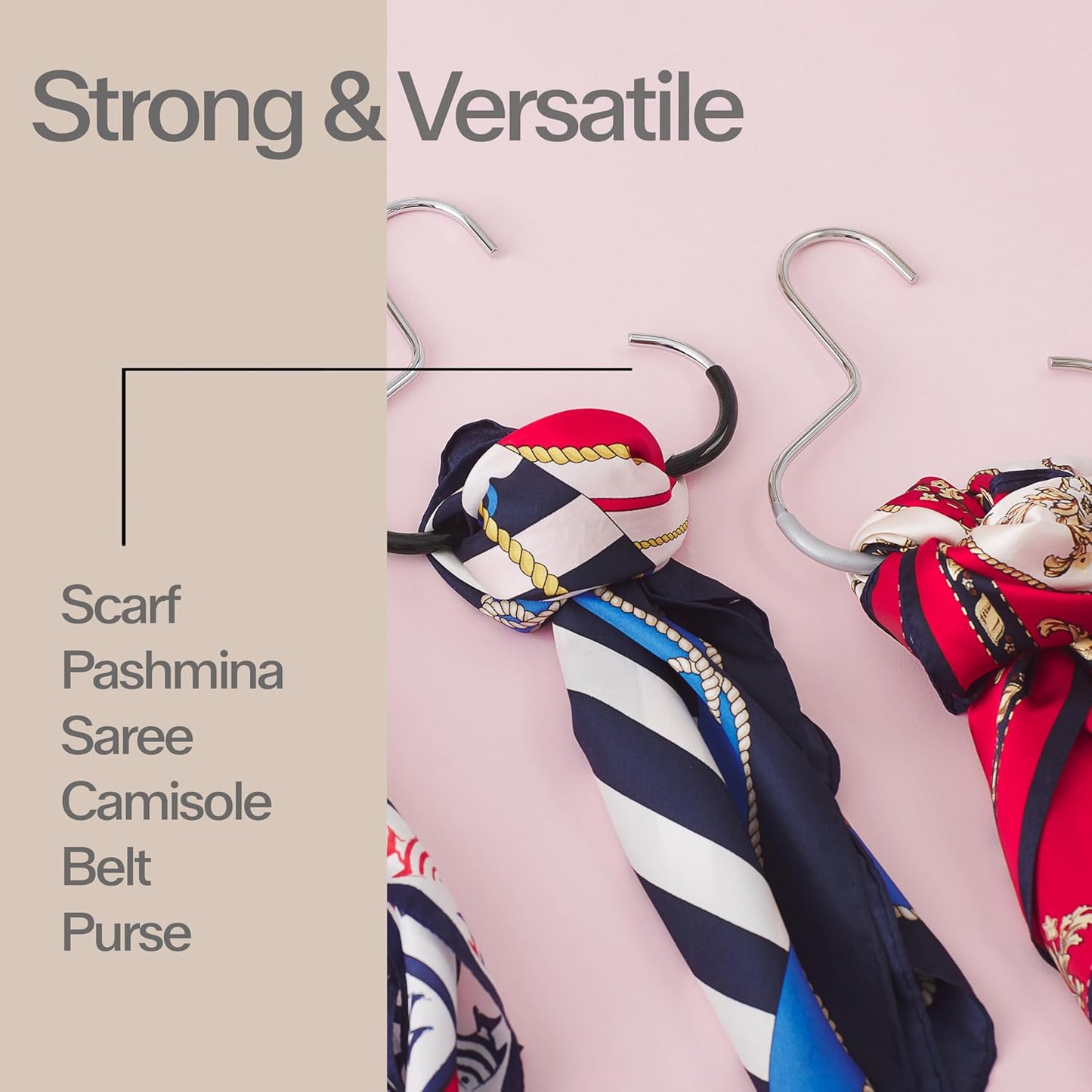 MAWA by Reston Lloyd Scarf, Shawl, Belt, and Accessory Organizer, Non-Toxic Metal Hanger with Grip Coating, Easy Access Open Hook, Model G-1, Space-Saving Design, Set of 40, Latte