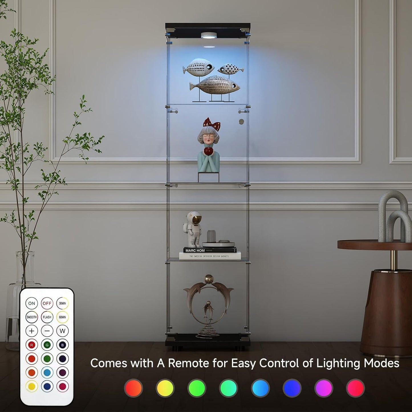 Tempered Glass Display Cabinet with Lights, 4-Tier Curio Cabinet with Glass Doors and Lock, Glass Display Case for Collectibles, for Living Room, Bedroom, Office, Black, Single Door