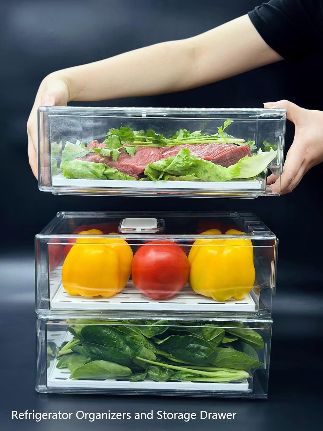 Refrigerator Organizers and Storage Drawer, Stackable Fruit Storage Containers for Fridge, Reusable Fridge Organizer fit for Kitchen Refrigerator and Restaurant Freezer (2 Drawers, Medium)