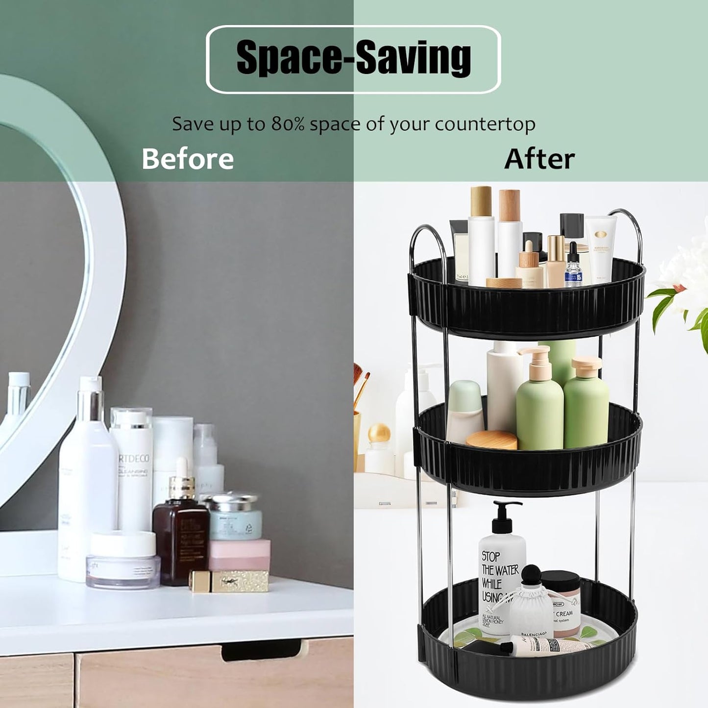Rotating Makeup Organizer Countertop 3 Tier Lazy Susan Trays Spinning Skincare Perfume Storage for Bathroom Counter Vanity, Black