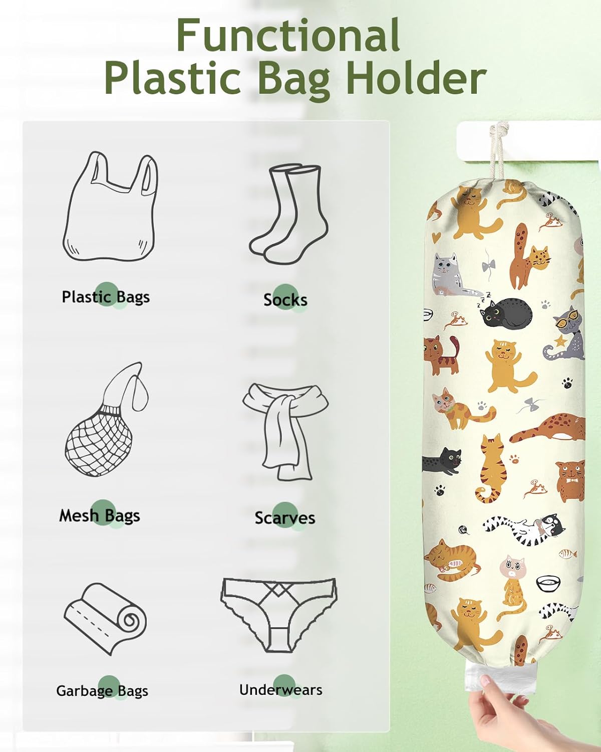Plastic Bag Holder, Grocery Bag Organizer - 1 Pack Cute Kitchen Dispenser Holders Reusable Shopping Western Hanging Wall with Adjustment Drawstring Closure for Women Home, Cats