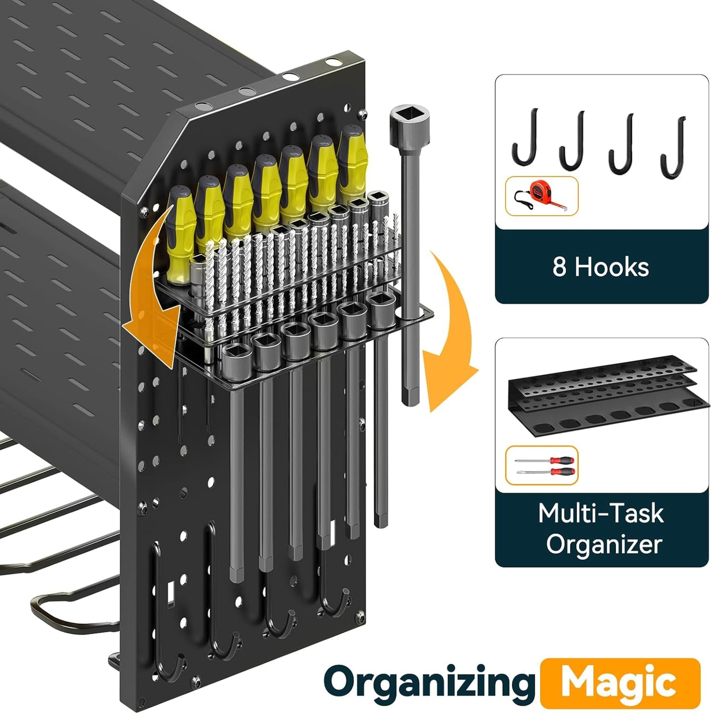 Warome Garage Power Tool Organizer with 8-Outlet Power Strip, Tool Storage Rack Wall Mount with 8 Cordless Drill Holders, Tool Organization Shelf with Charging Station in Black
