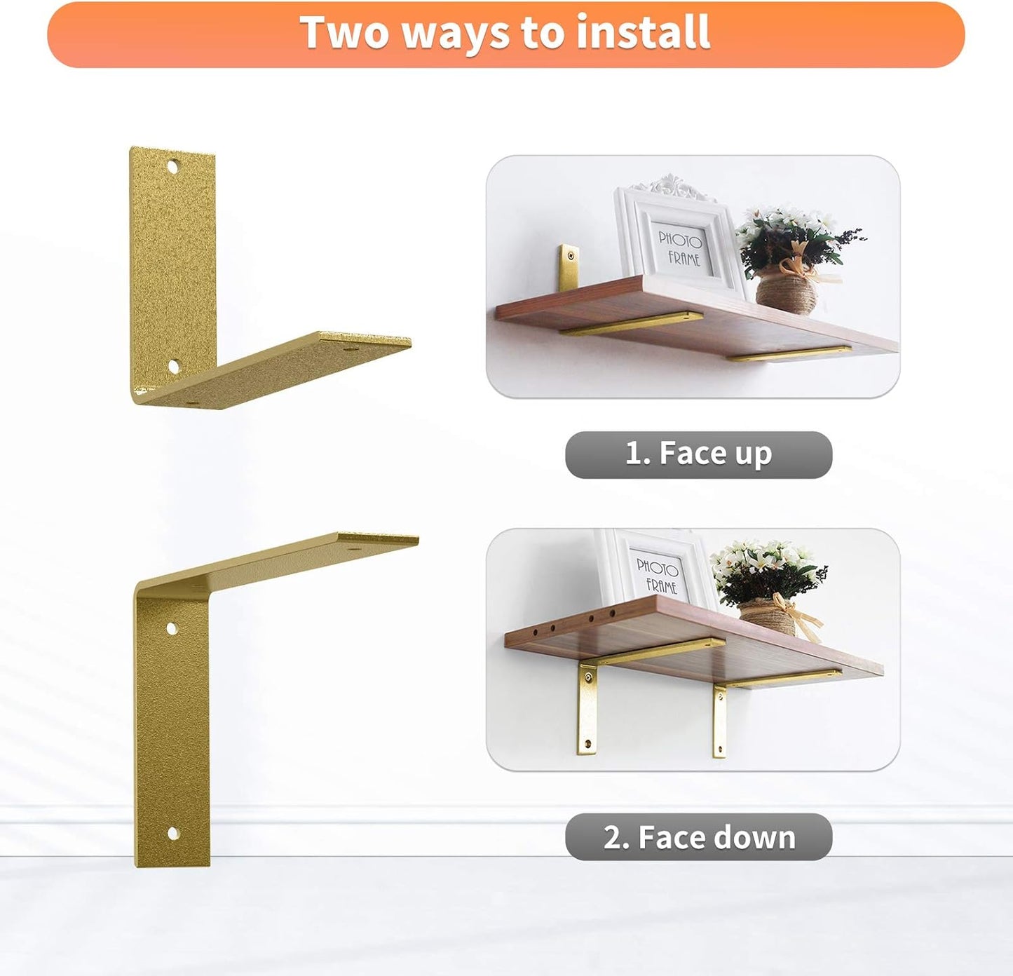 Gold Heavy Duty Shelf Brackets 6 Inch, Rustic Gold Iron L Shelf Bracket, Industrial Modern Metal Floating Shelf with Hardware for DIY Open Shelving, 4 Pack