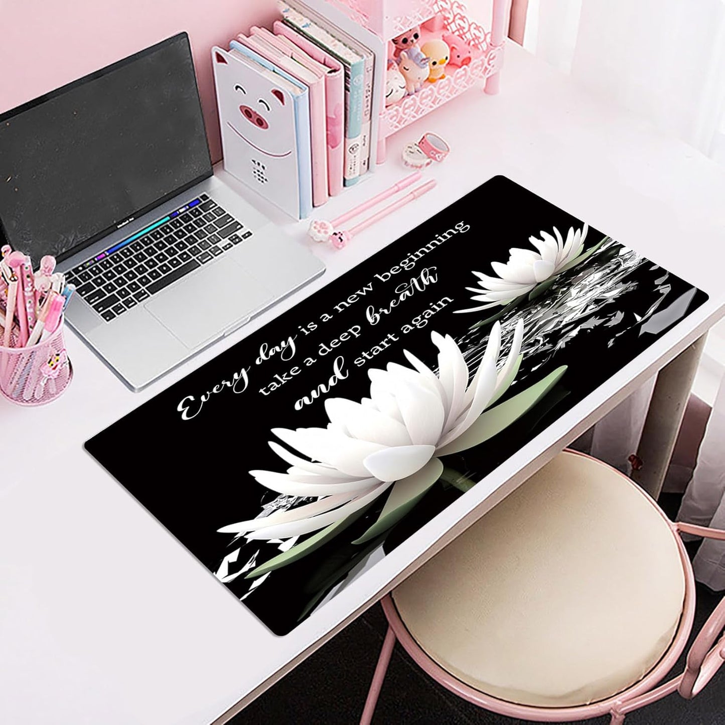 LB Black and White Floral Mouse Pad Plant Flower with Inspirational Quotes Large Mouse Pad for Desk Modern Aesthetic Desk Pad for Office and Home Non-Slip Rubber Base Mouse Mat 15.75L X 31.5W Inch