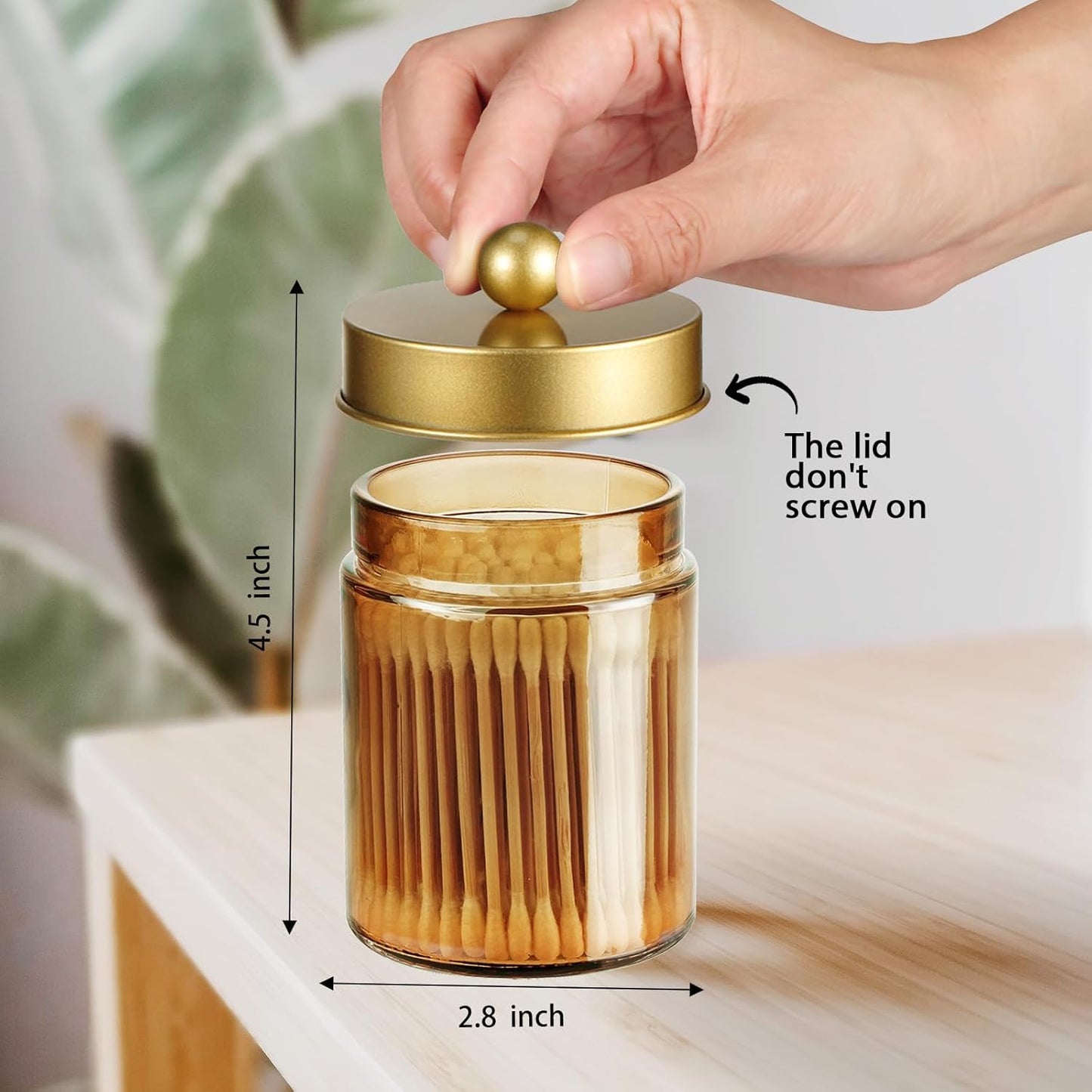 Amolliar Bronze Glass Apothecary Jar With Metal Lid & Stickers, Bathroom Qtip Dispenser Storage Canister, Perfect for Cotton Balls, Cotton Swabs, Makeup Pads, Bath Salt, Floss, 2 Pack(Gold)